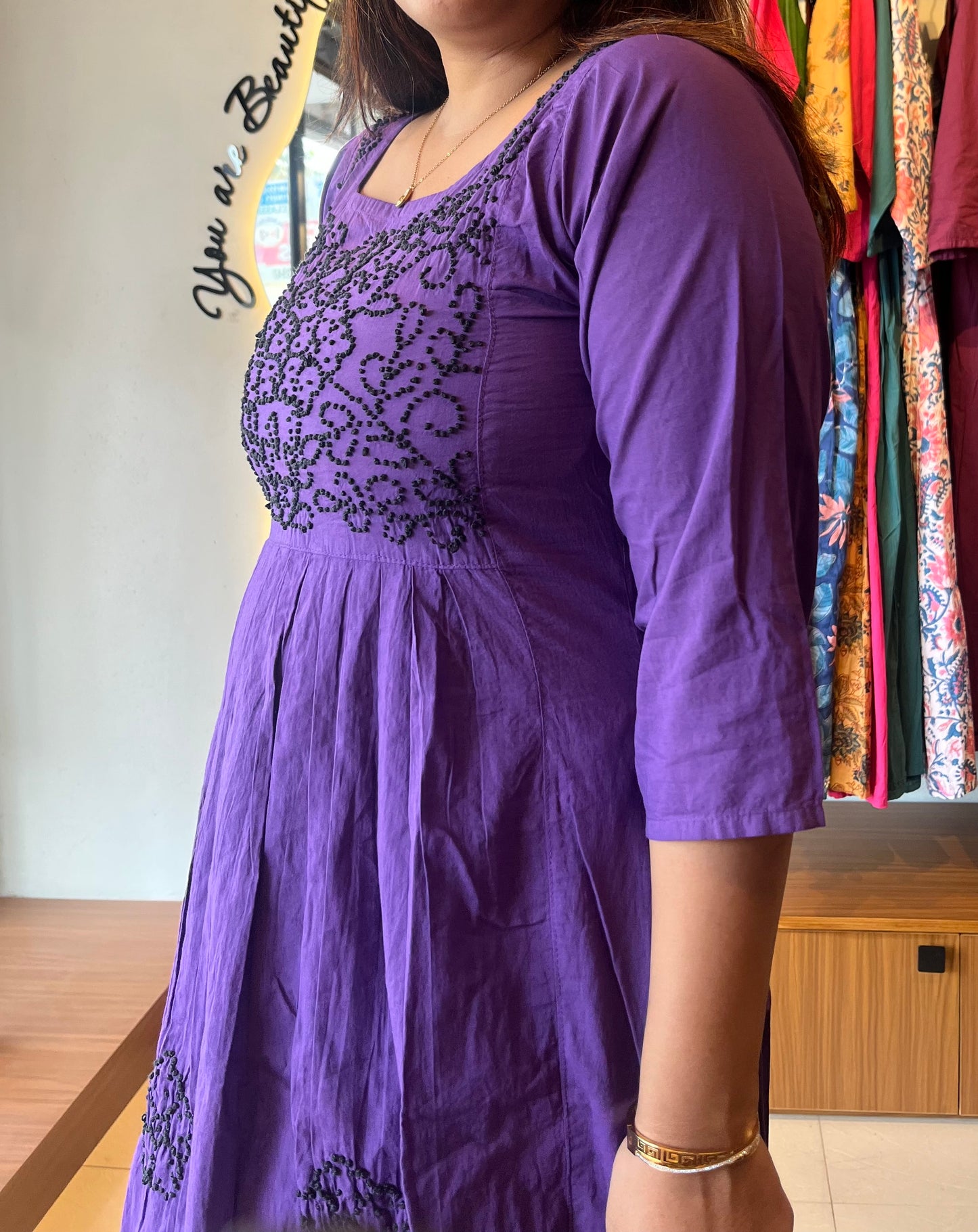 Pleated dress -Black knots on Indigo