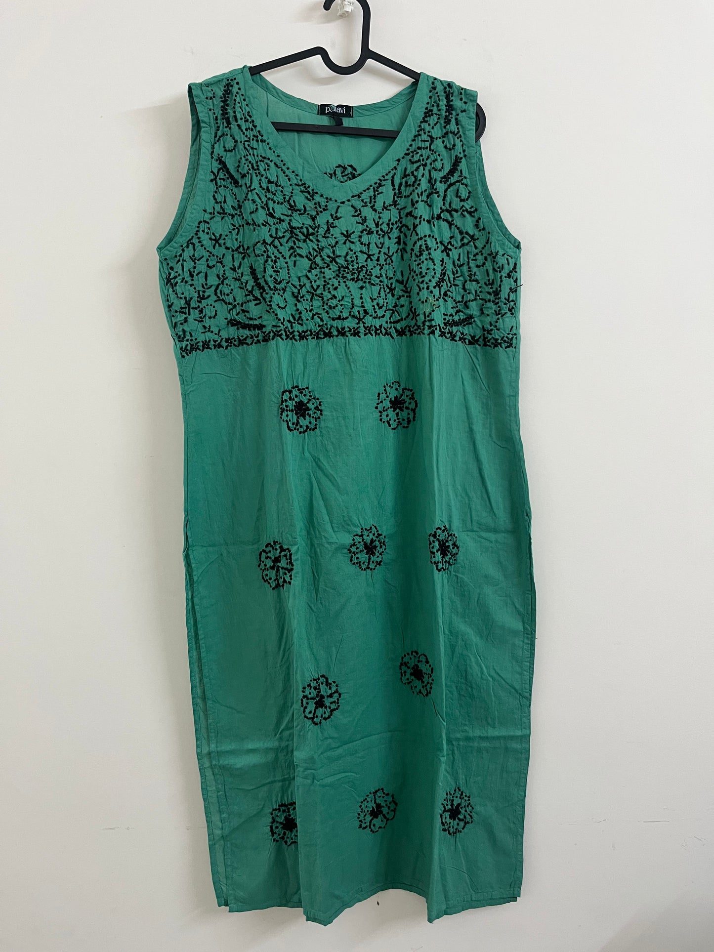 Sleeveless Straight kurti - Black kots on Teal
