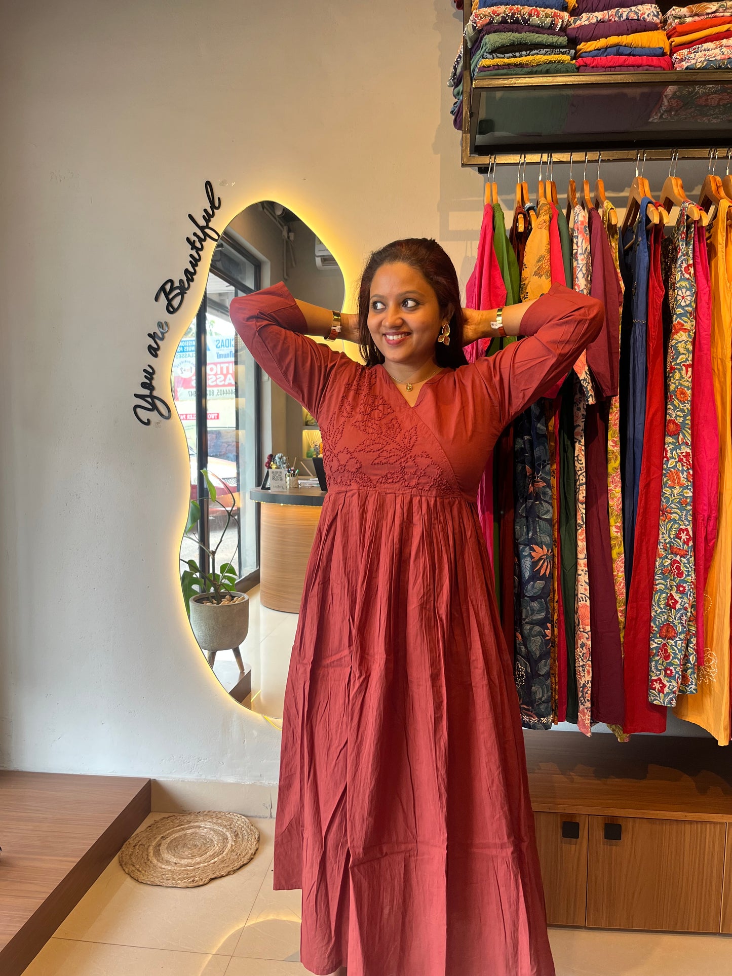 Pleated Angrakha dress - Cinnamon Brown