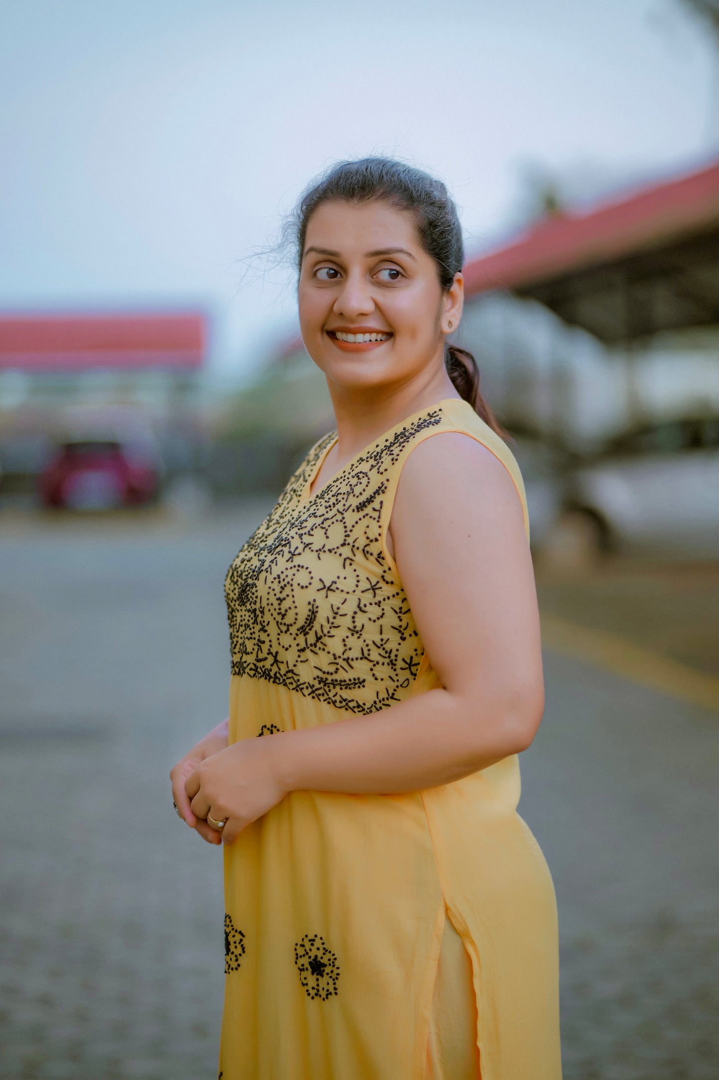 Sleeveless Straight Kurti and Pant (co-ord set) - Black knote on Mustard Yellow