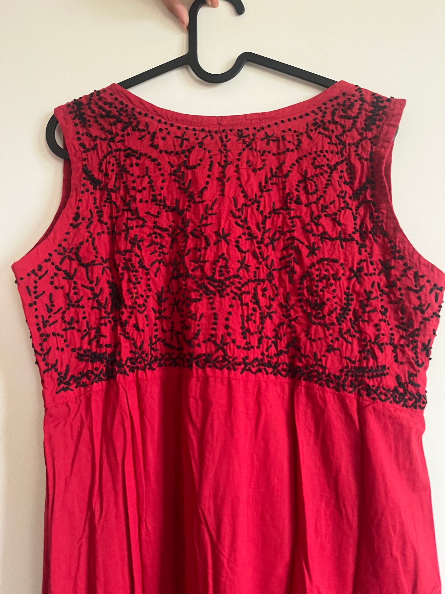 Sleeveless Aliya cut dress -Black knots on Red (with work on front and back)