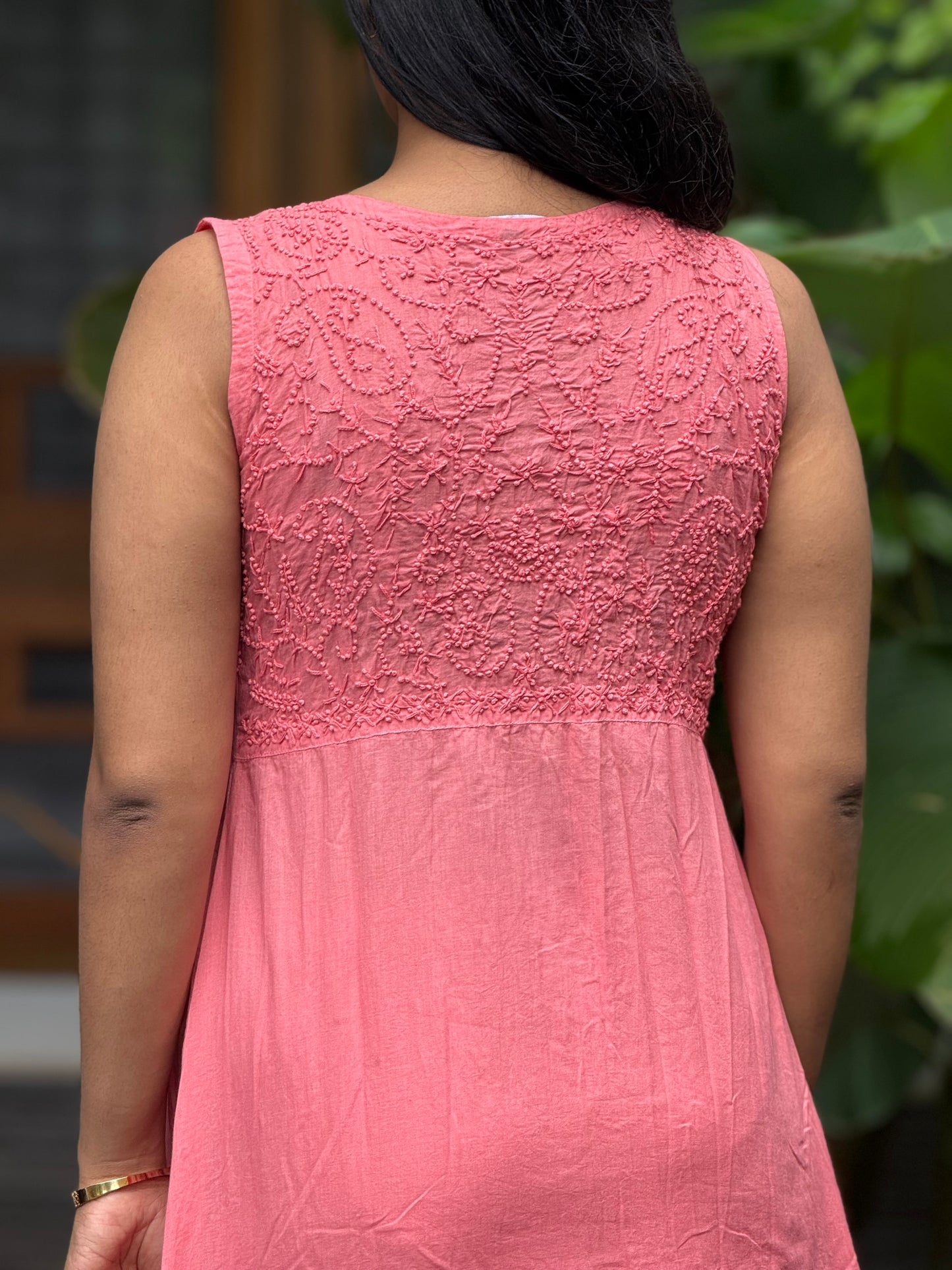 Sleeveless Aliya cut dress -Neon Peach (with work on front and back)