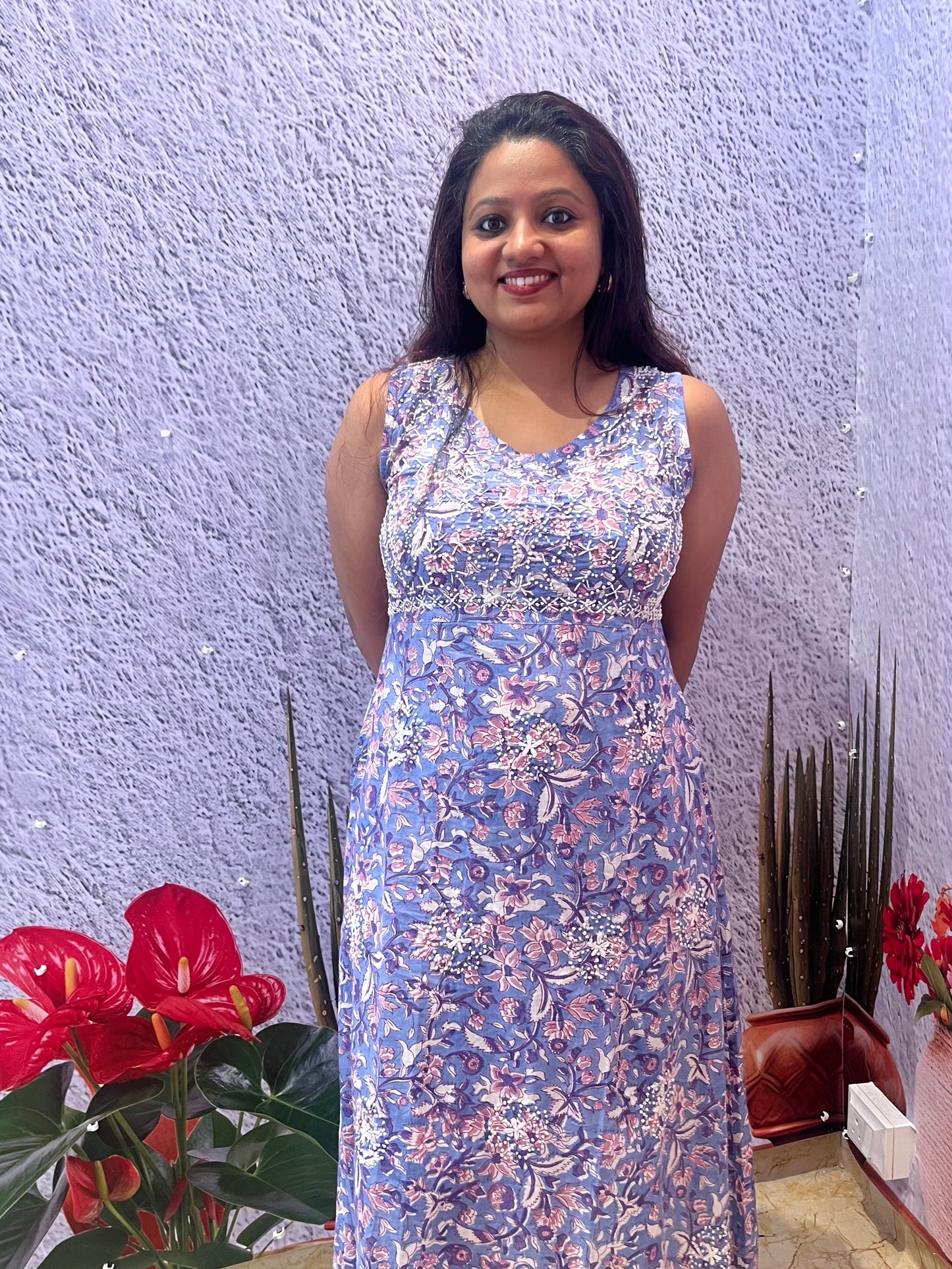 Sleeveless A-line Dress - Floral Periwinkle
