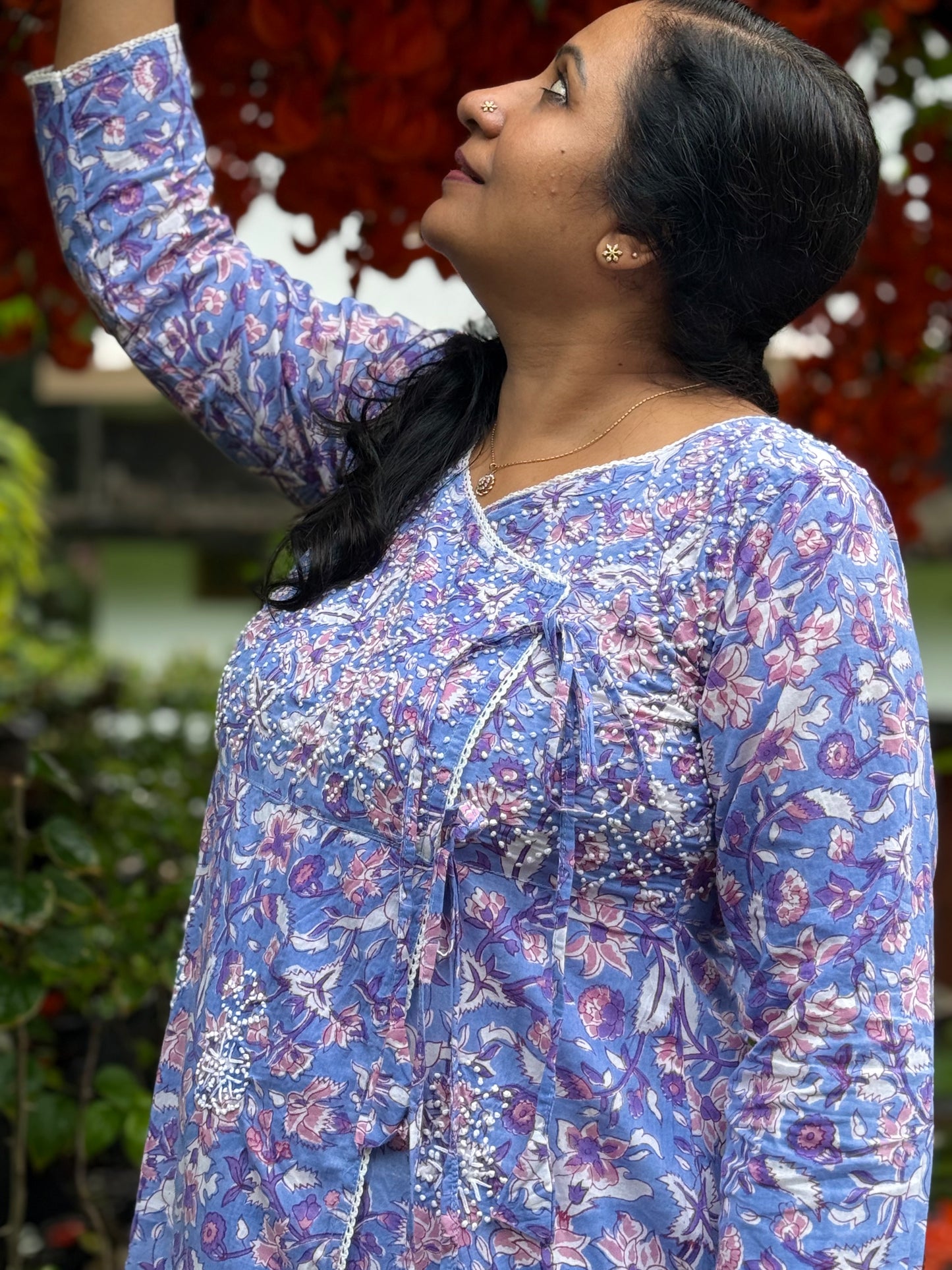 Angrakha Kurti and pant PRE-ORDER - Floral Periwinkle
