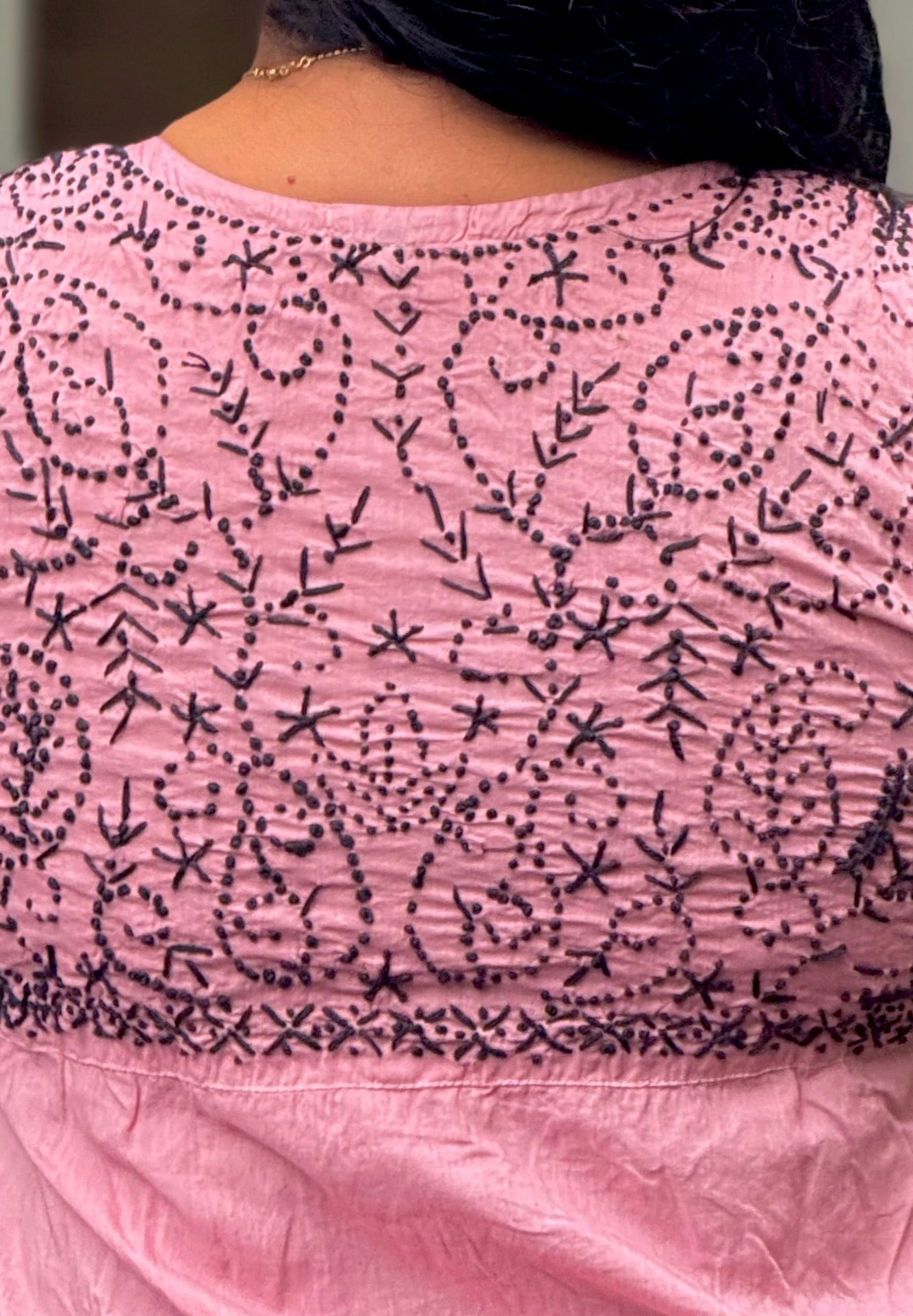 Sleeveless Aliya cut dress -Black knots on Onion Pink (with work on front and back)