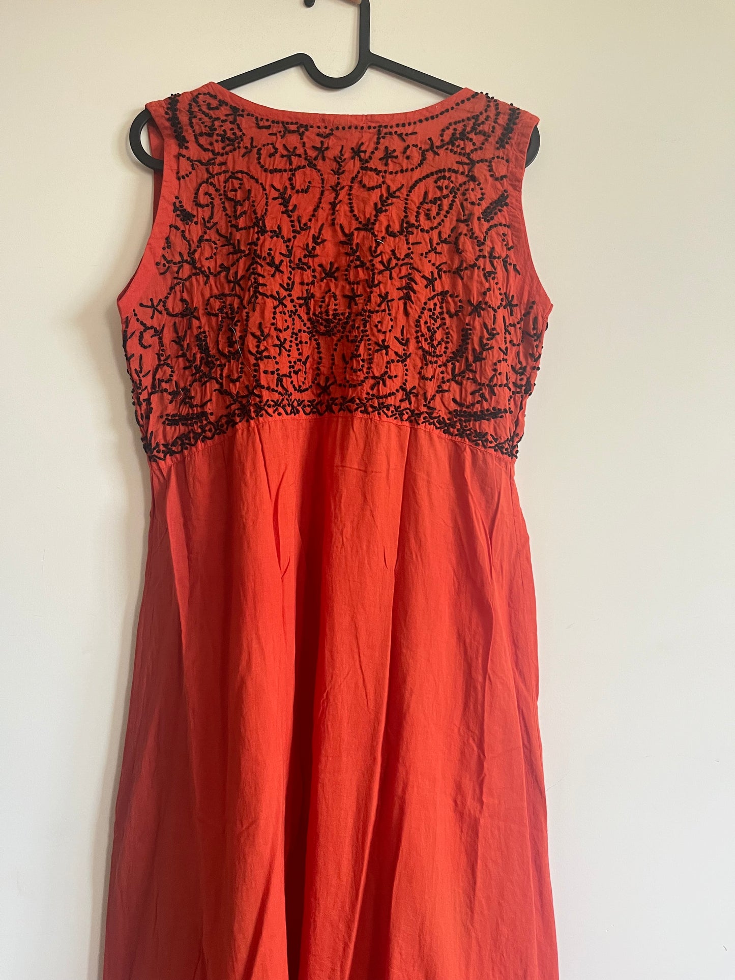 Sleeveless Aliya cut dress -Black knots on Dark Rust Orange (with work on front and back)