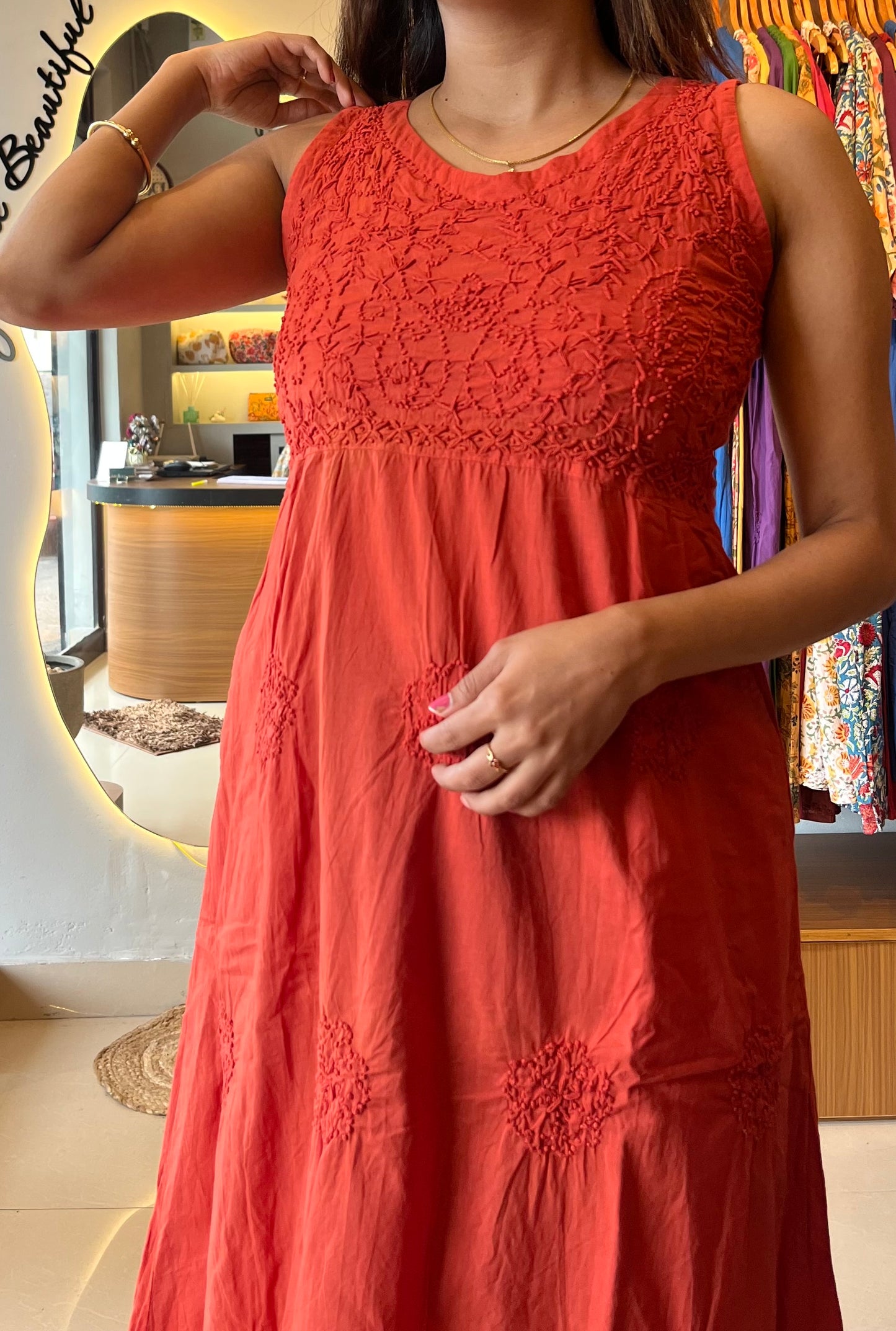 Sleeveless A-line Dress - Rust Orange