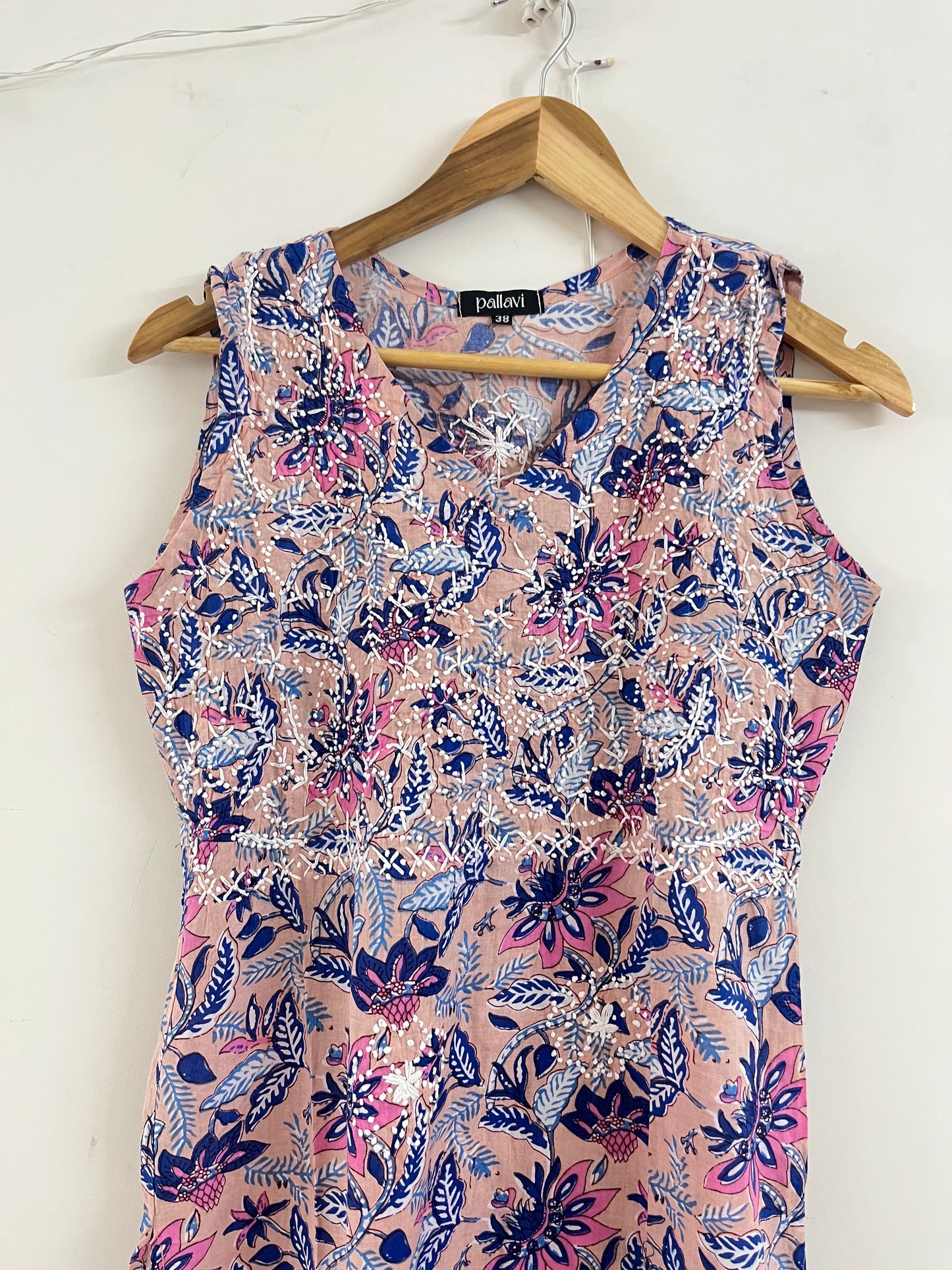 Straight Kurti Sleeveless - Floral Peach Blue