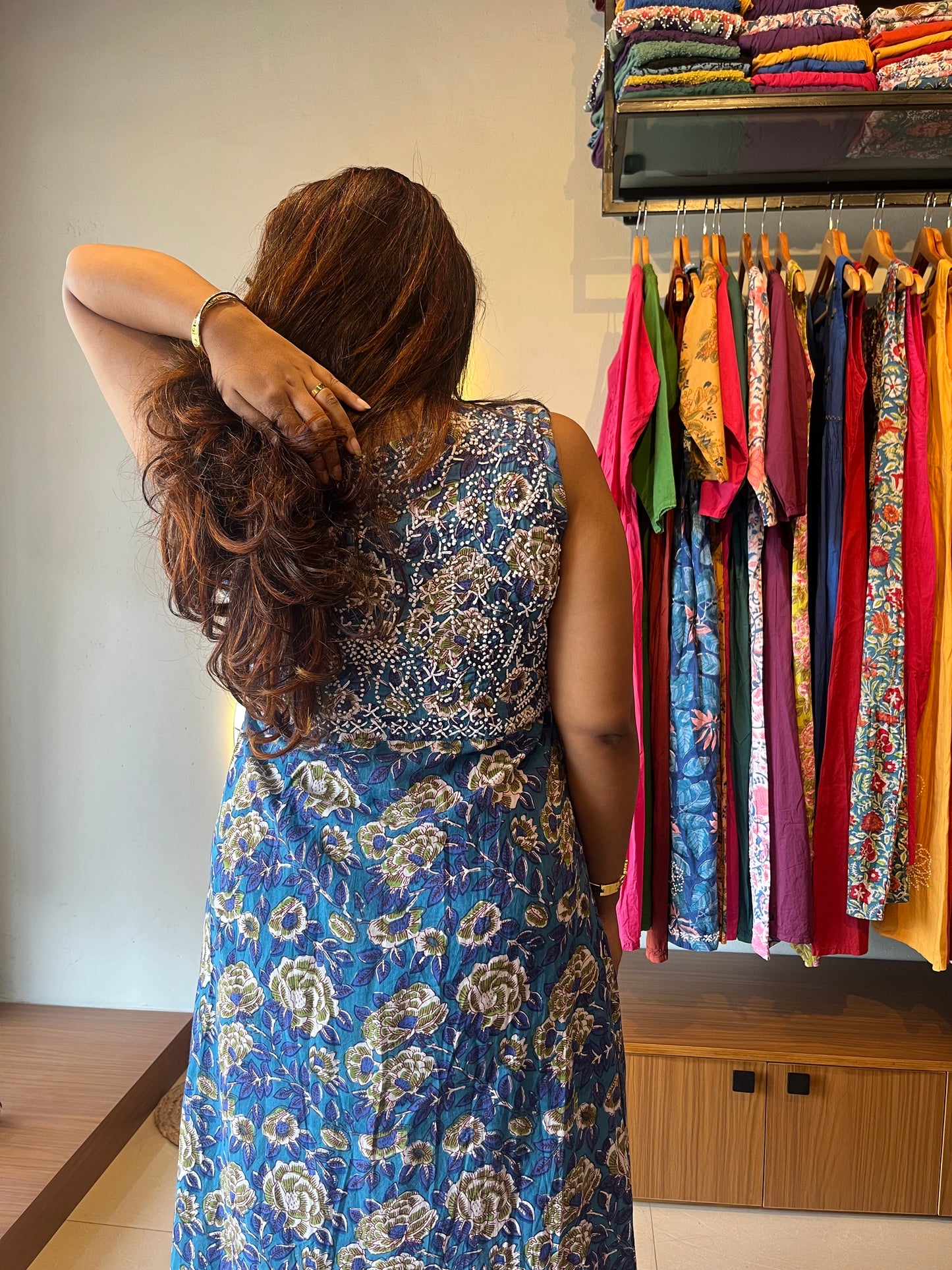 Sleeveless Aliya cut dress (with work on front and back) PRE-ORDER - Floral Blue green