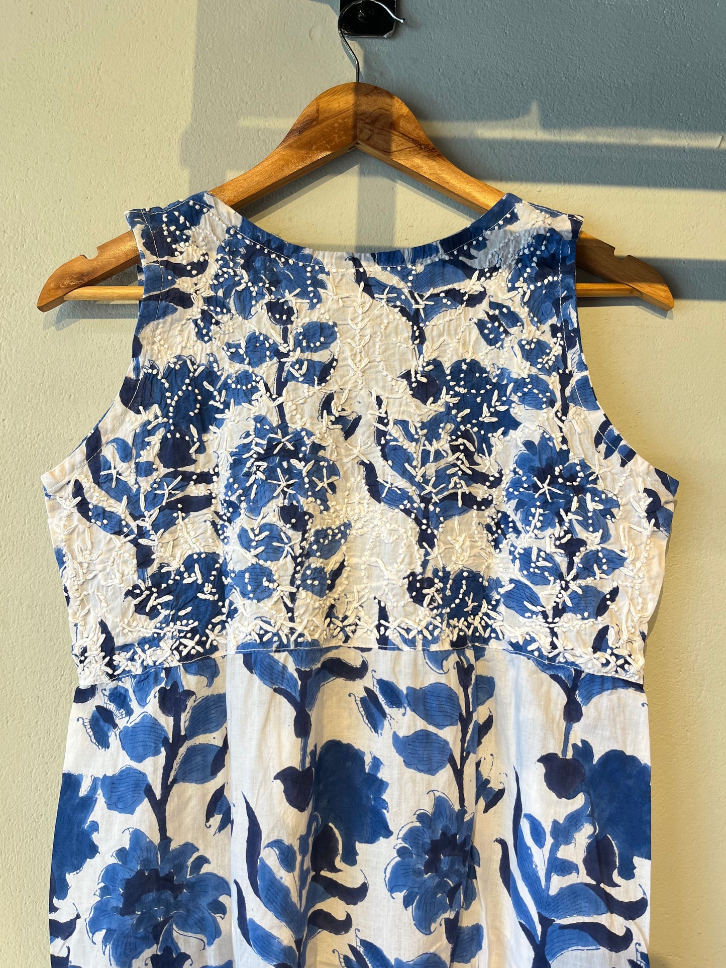 Sleeveless Aliya cut dress (with work on front and back) - Floral Blue