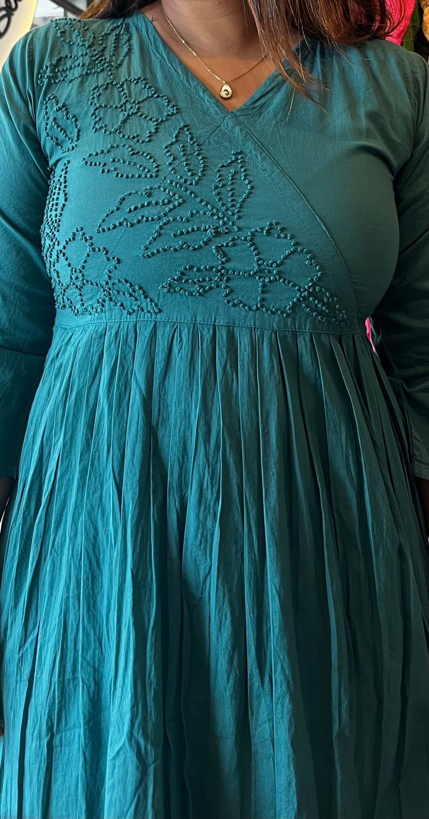 Pleated Angrakha dress - Peacock green
