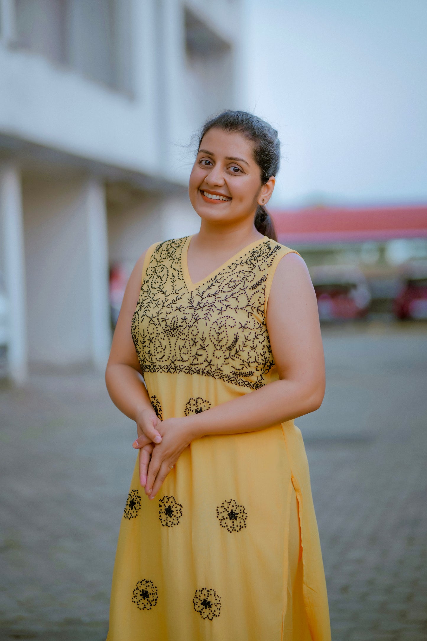 Sleeveless Straight Kurti and Pant (co-ord set) - Black knote on Mustard Yellow