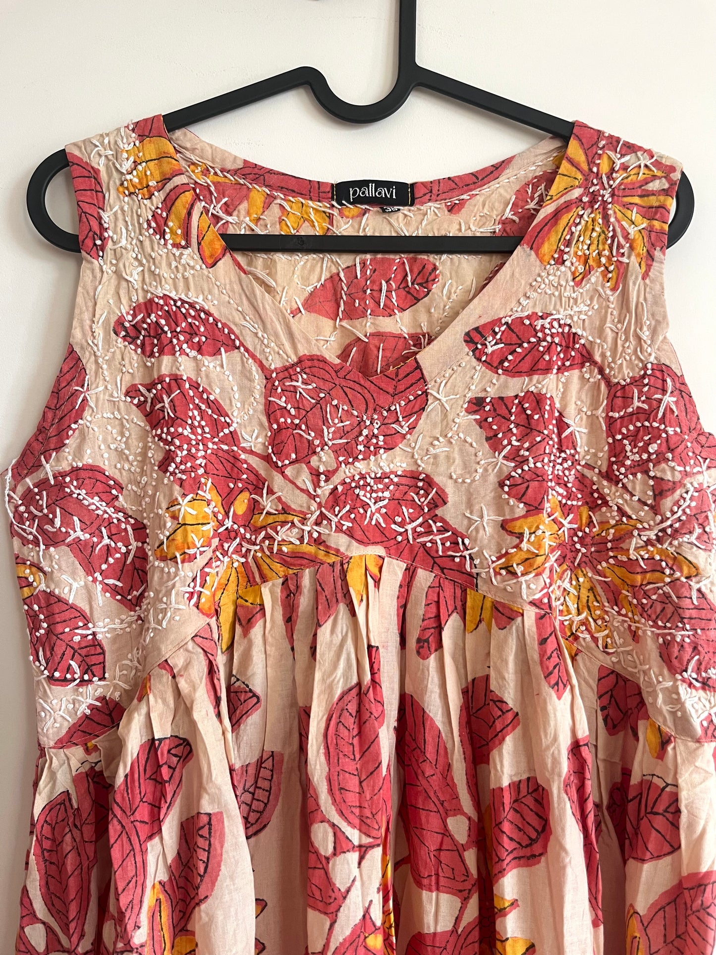 Sleeveless Aliya cut dress (with work on front and back) - Ajrakh Peach Red