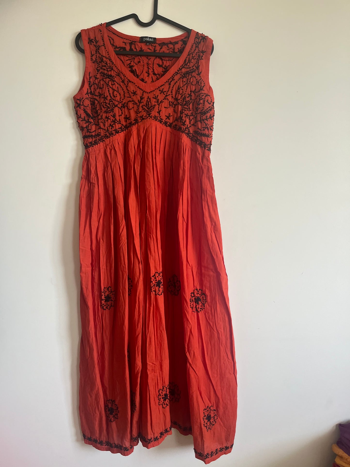 Sleeveless Aliya cut dress -Black knots on Dark Rust Orange (with work on front and back)