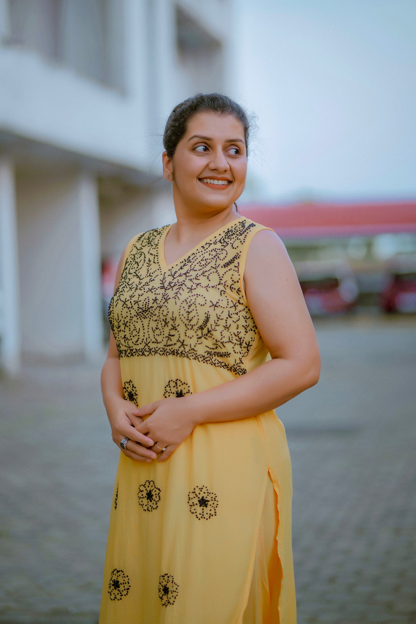 Sleeveless Straight Kurti and Pant (co-ord set) - Black knote on Mustard Yellow
