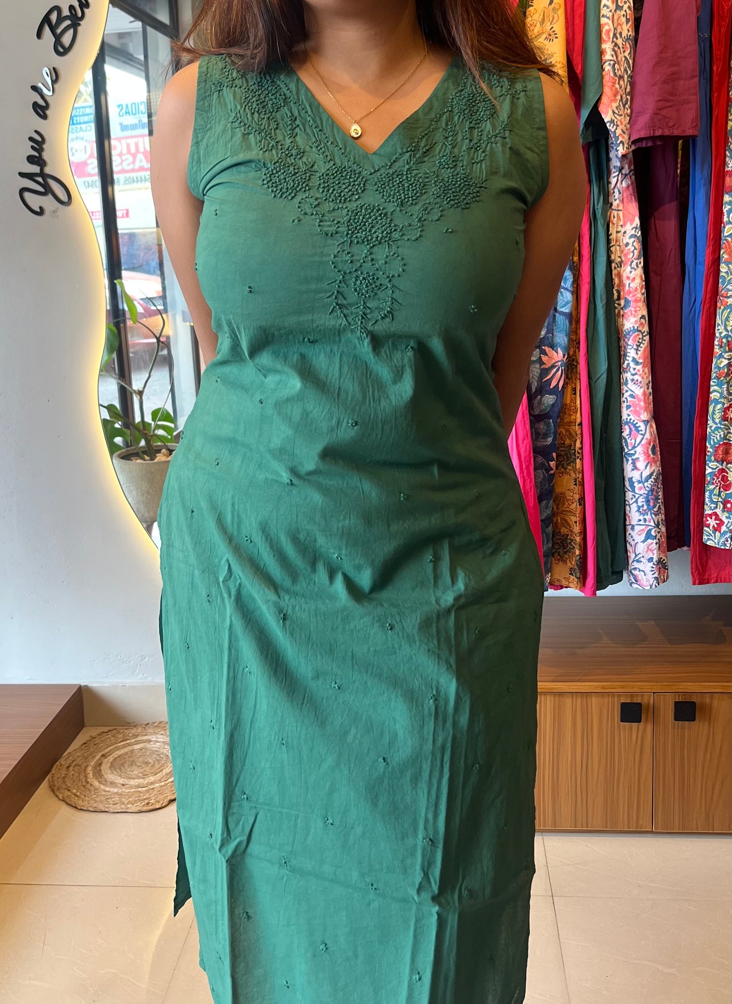 Sleeveless Straight Kurti - Bottle green