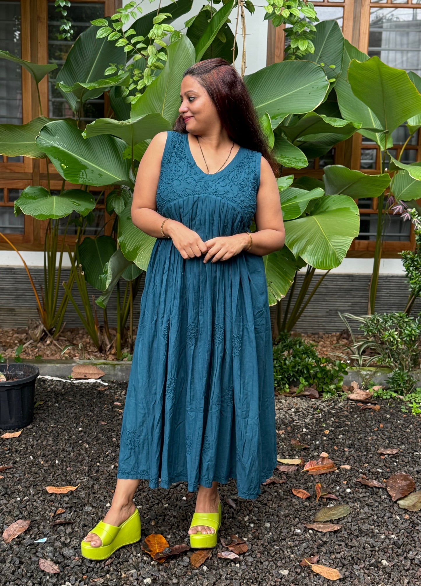 Sleeveless Aliya cut dress -Midnight Blue (with work on front and back)