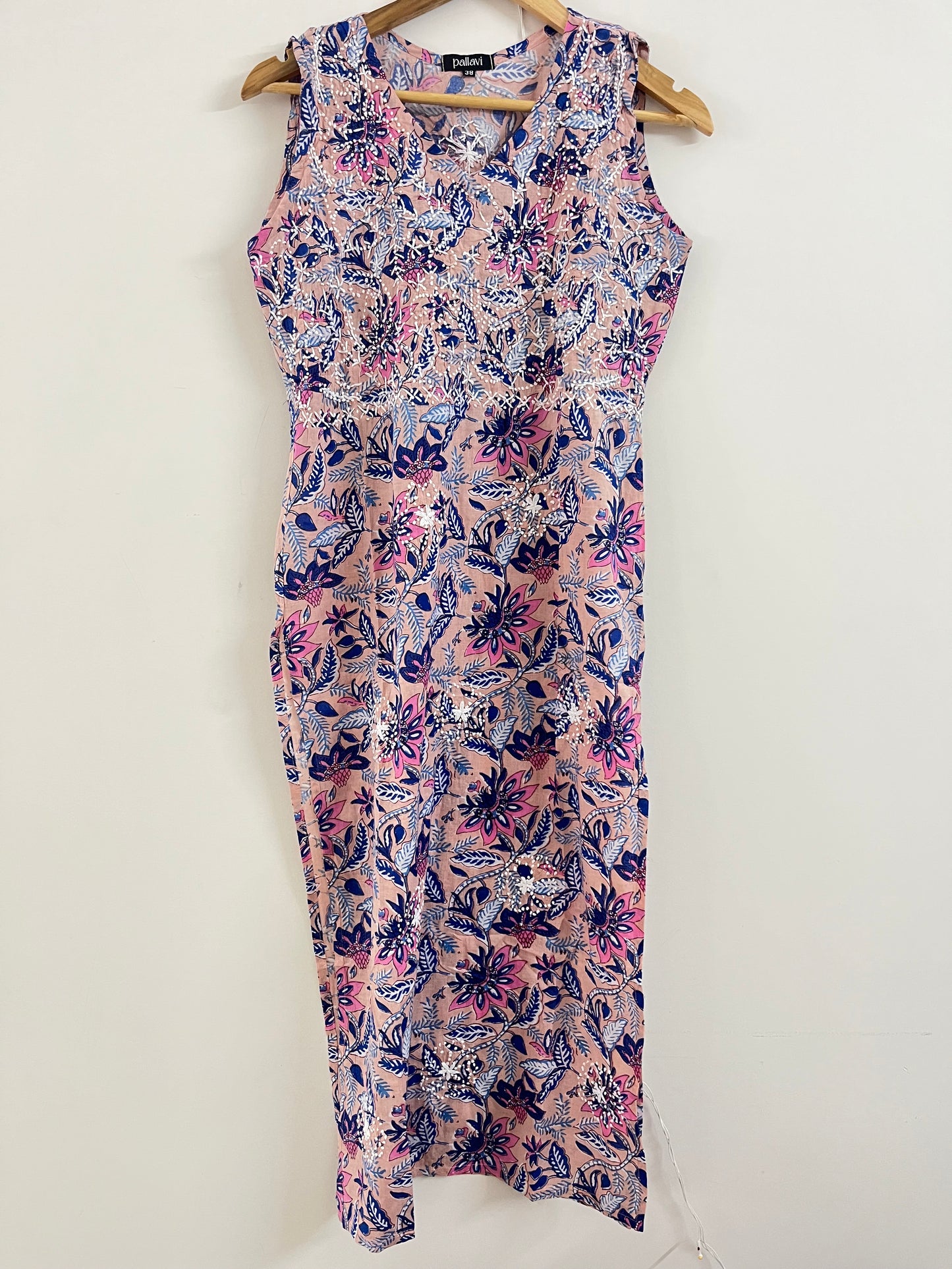 Straight Kurti Sleeveless - Floral Peach Blue