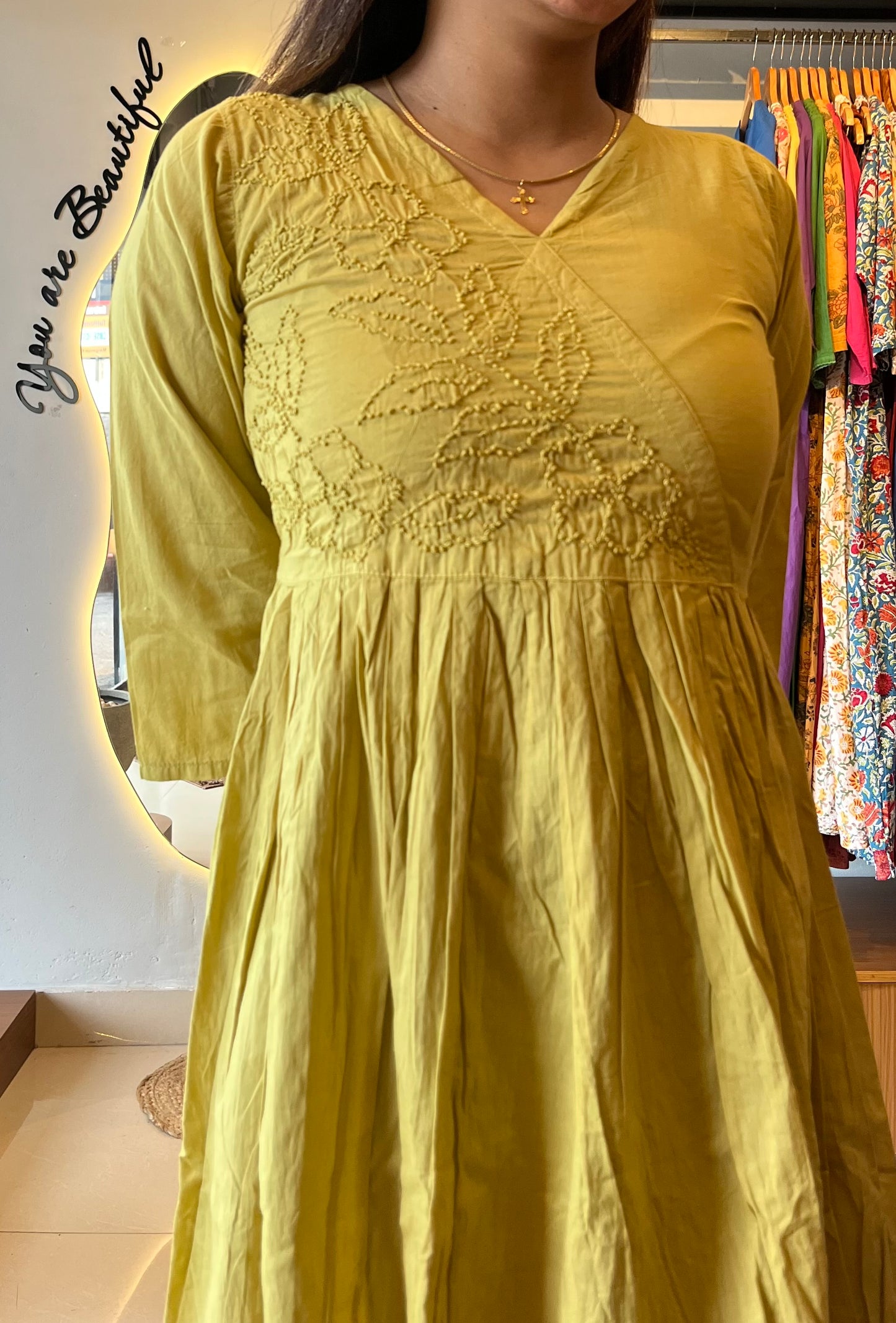 Pleated Angrakha dress - Lime Yellow