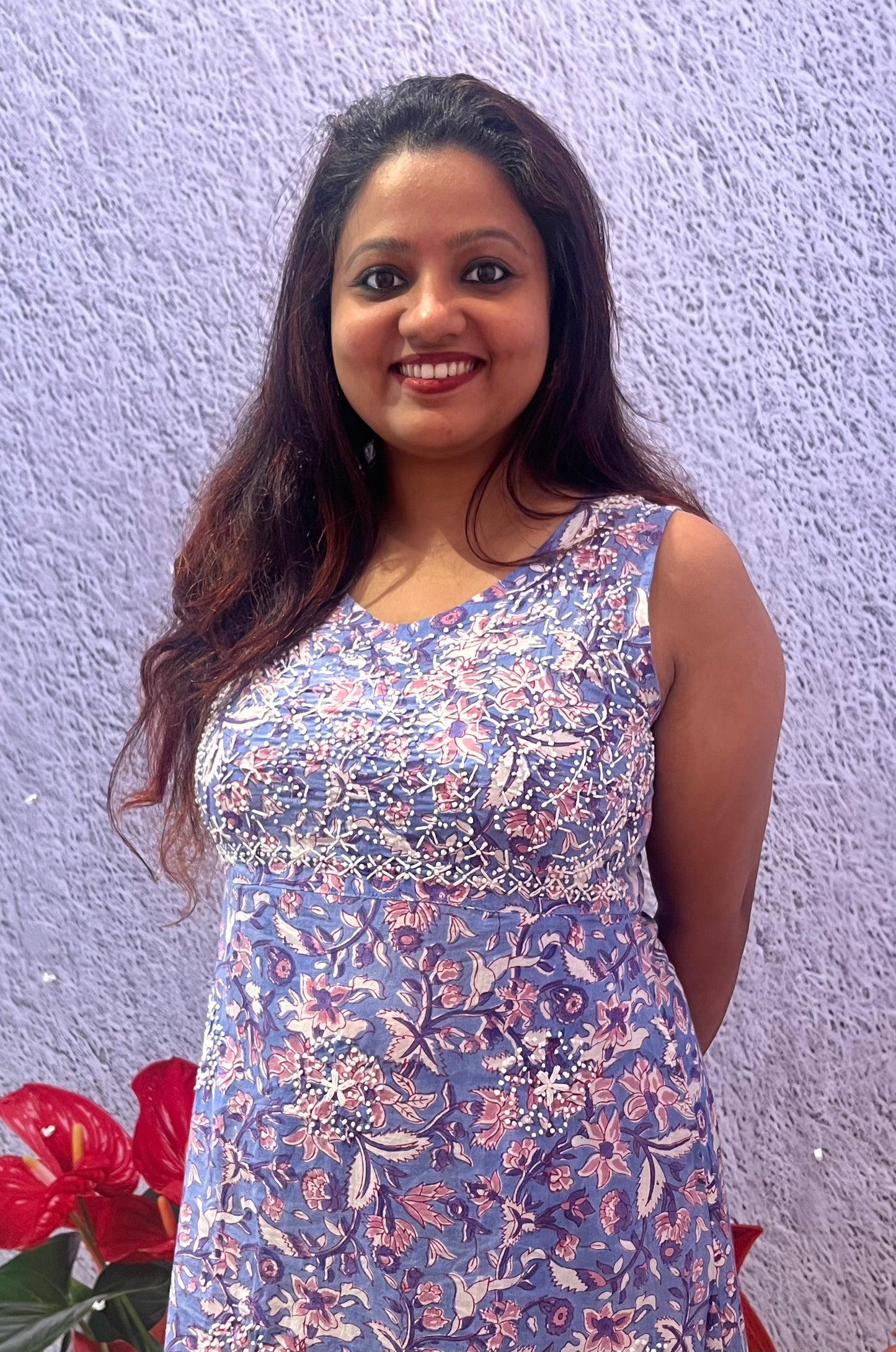 Sleeveless A-line Dress - Floral Periwinkle