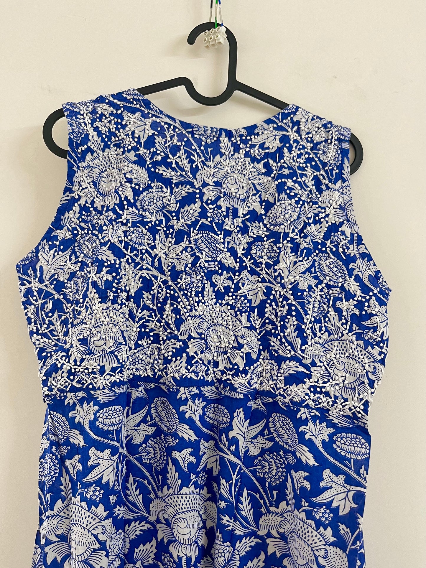 Sleeveless Aliya cut dress (with work on front and back) PRE-ORDER - Floral Blue White