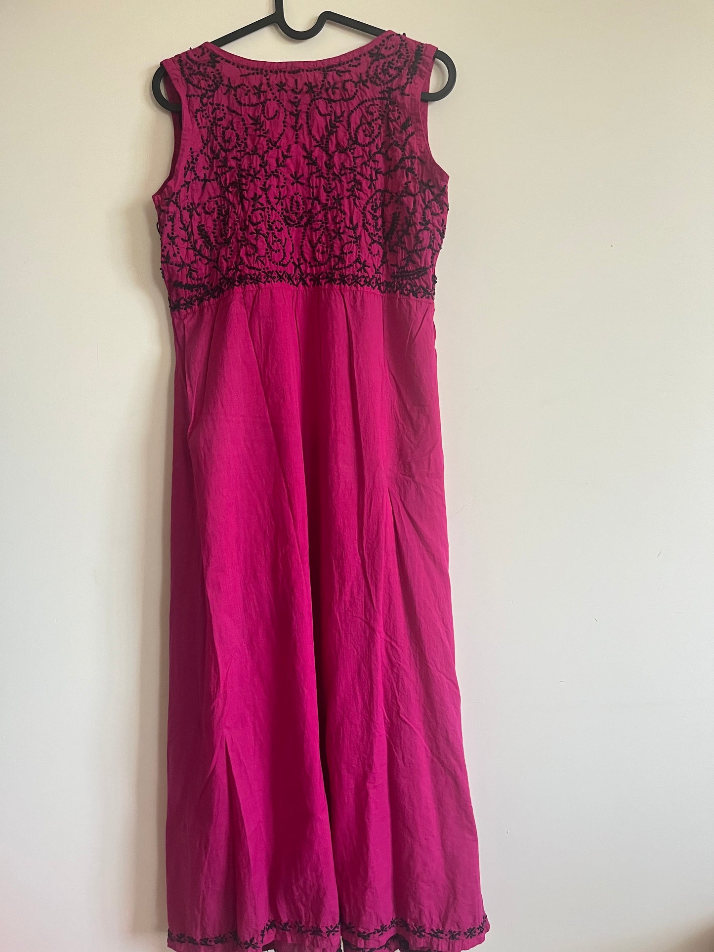 Sleeveless Aliya cut dress -Black knots on Hot Pink (with work on front and back)