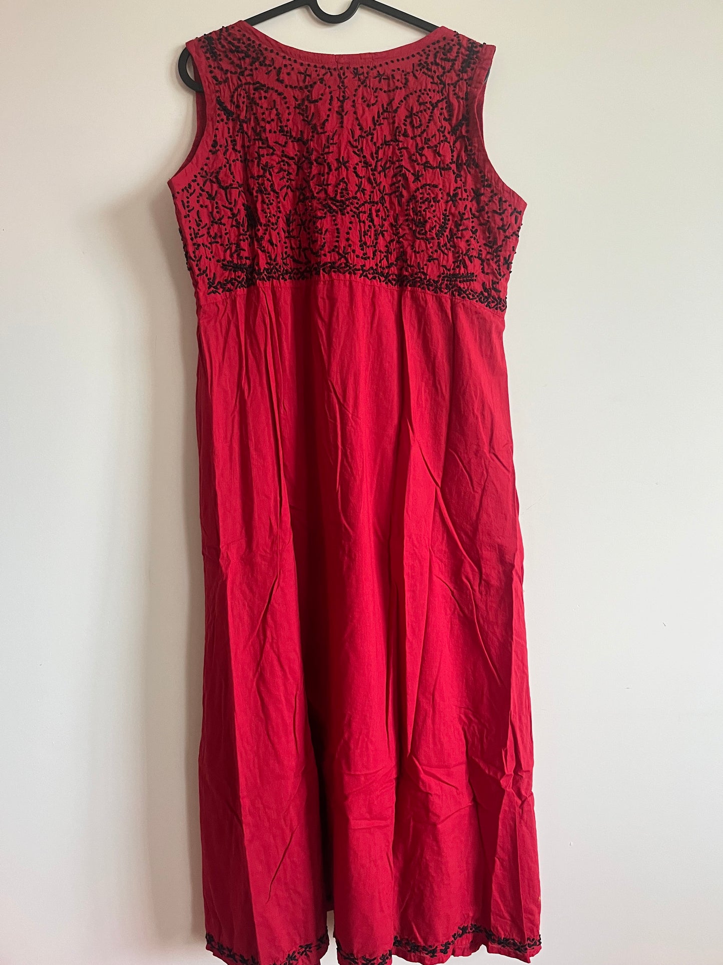 Sleeveless Aliya cut dress -Black knots on Red (with work on front and back)
