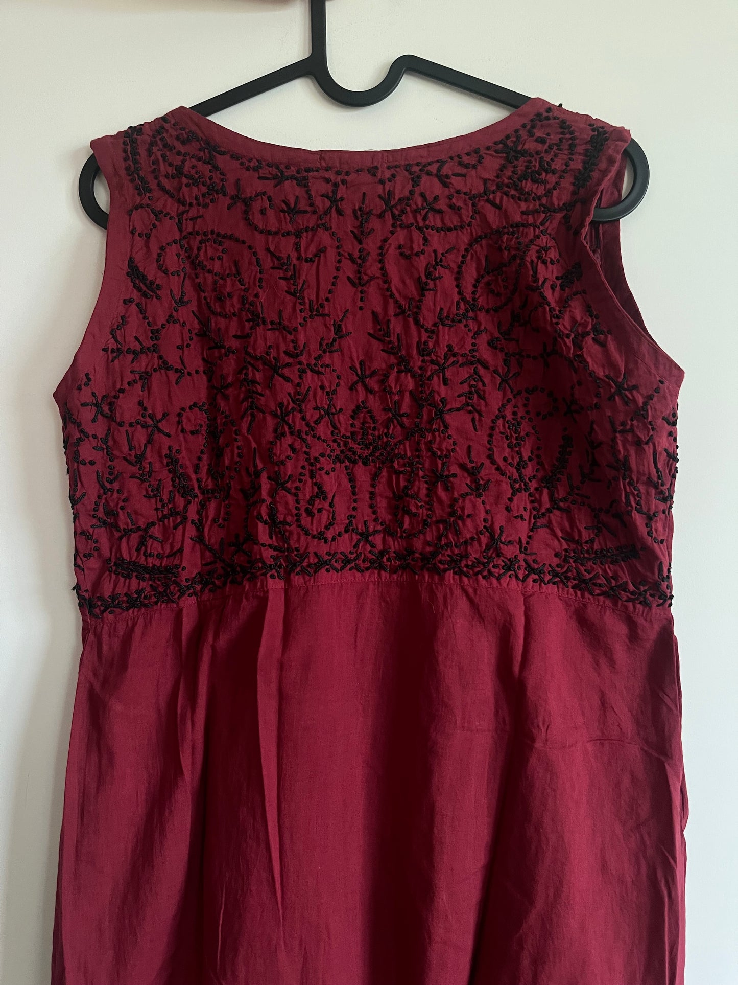 Sleeveless Aliya cut dress (with work on front and back)- Black knots on Maroon
