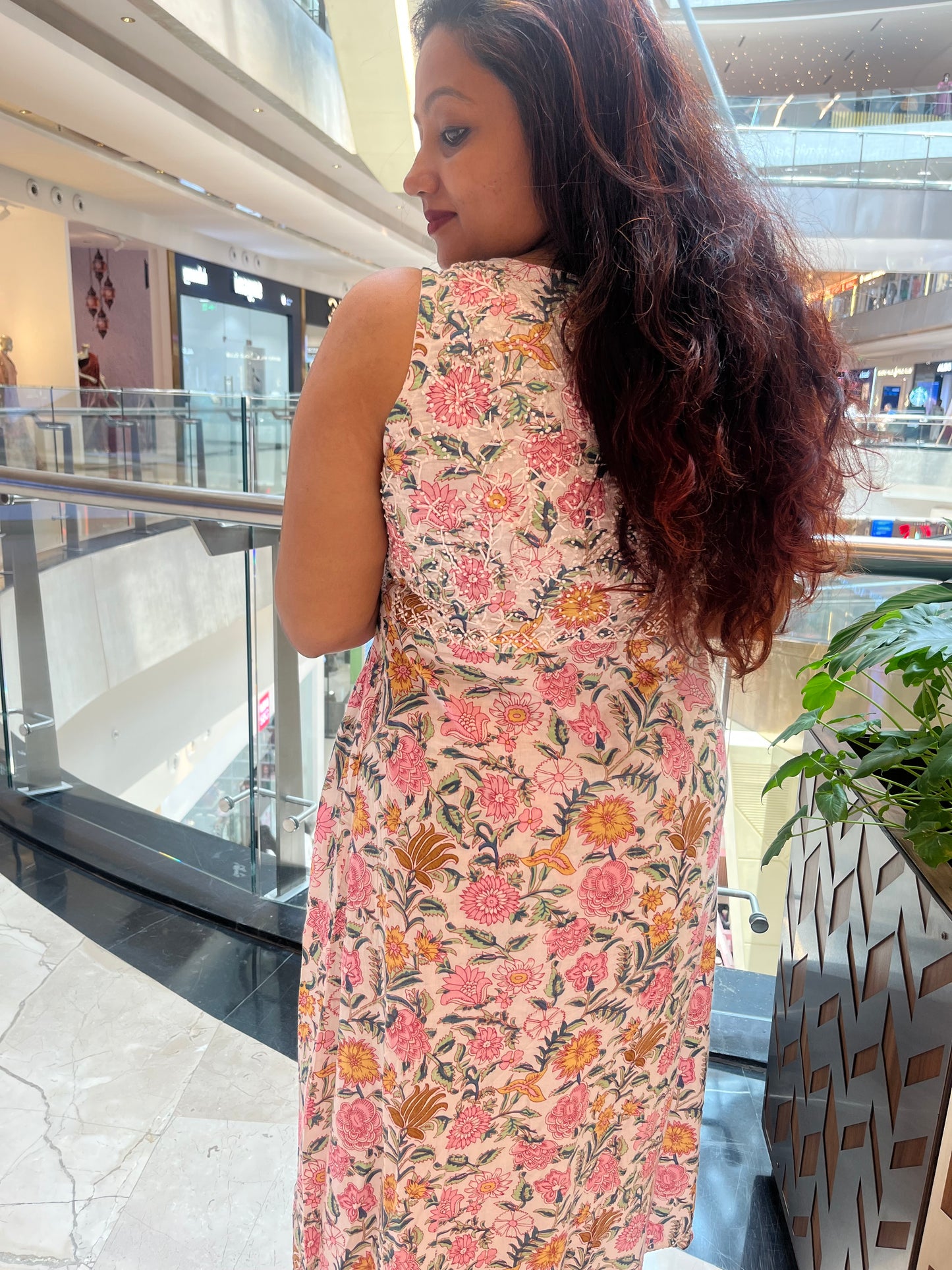 Sleeveless Aliya cut dress (with work on front and back) - Floral white