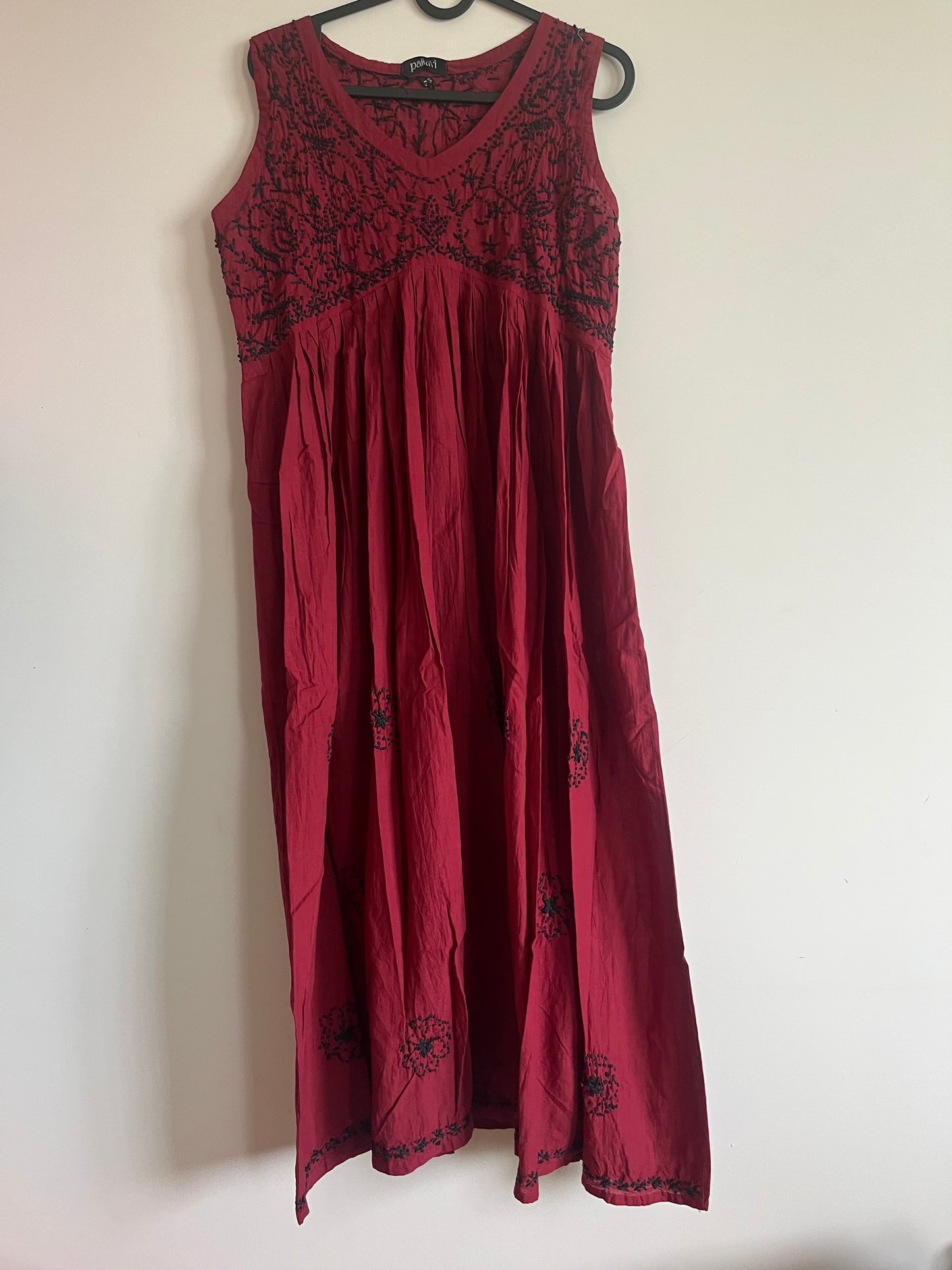 Sleeveless Aliya cut dress (with work on front and back)- Black knots on Maroon