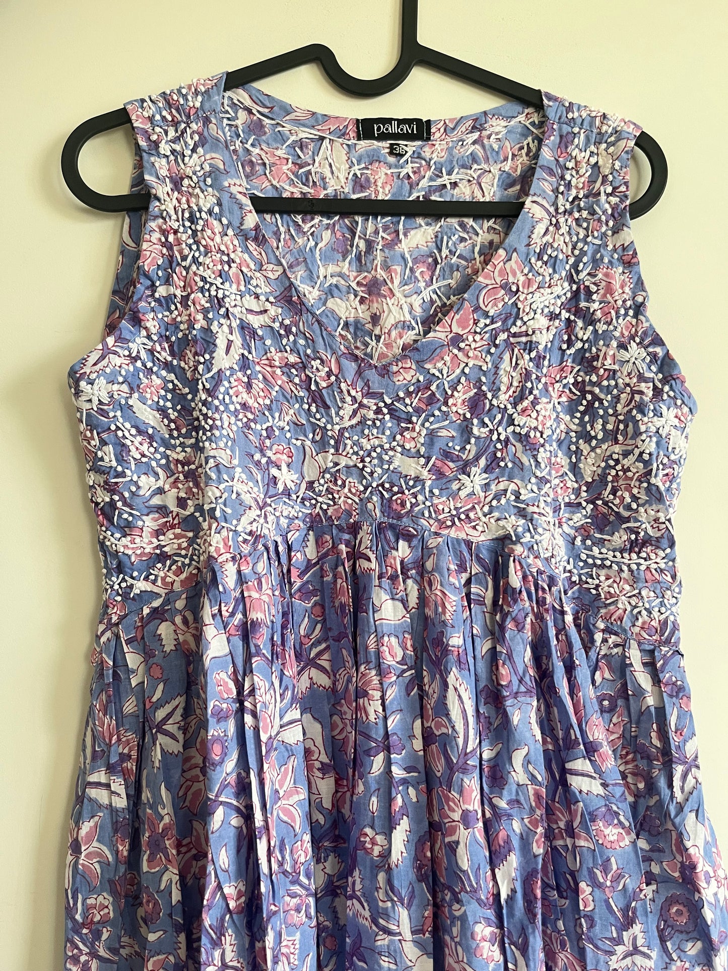 Sleeveless Aliya cut dress (with work on front and back) PRE-ORDER - Floral Periwinkle