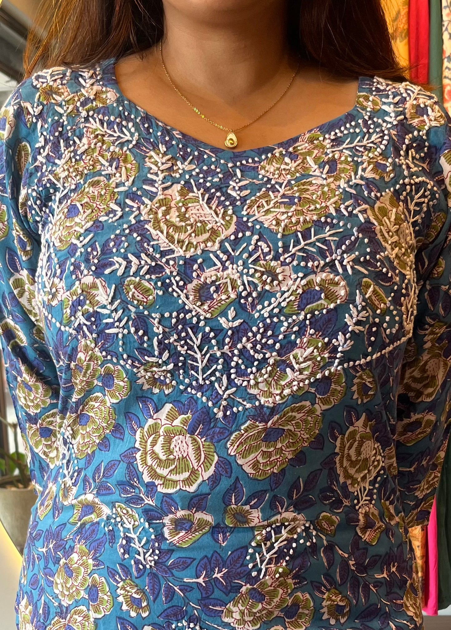 Straight Kurti PRE-ORDER - Floral Blue Green