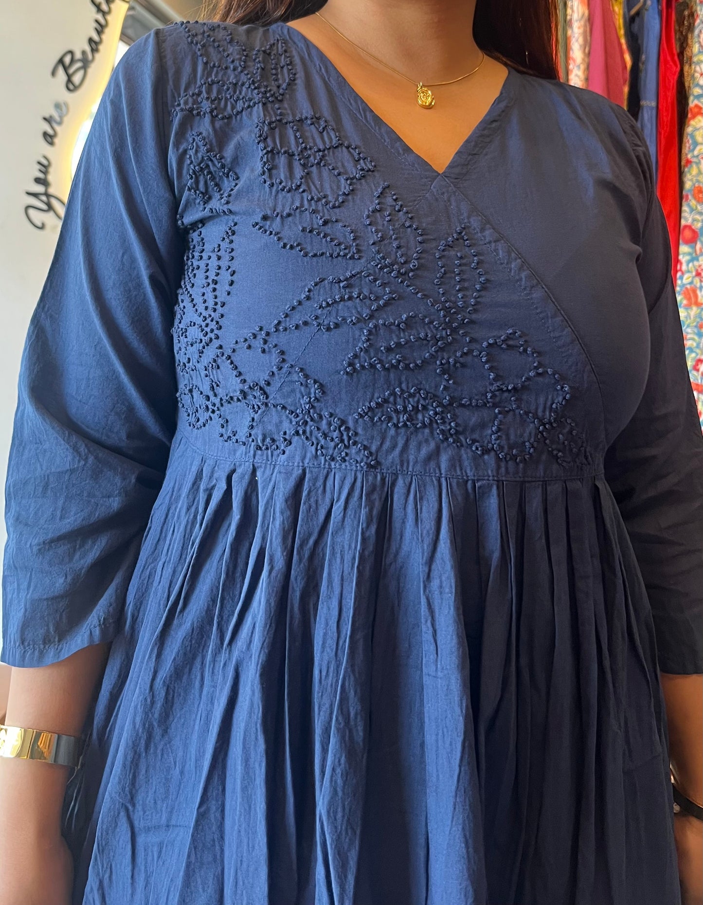 Pleated Angrakha dress - Navy blue