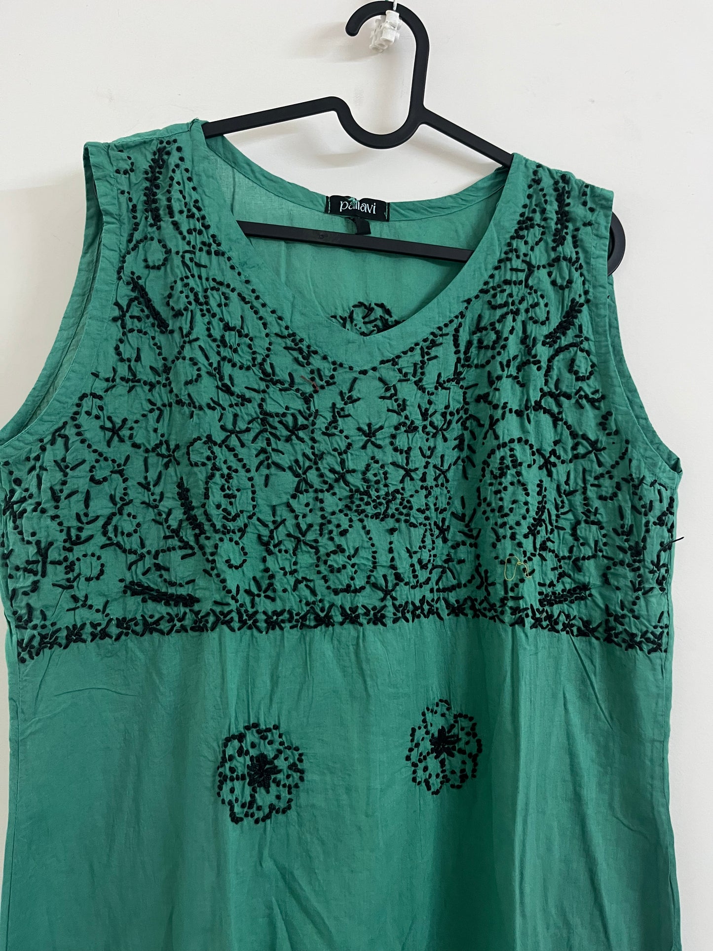 Sleeveless Straight kurti - Black kots on Teal