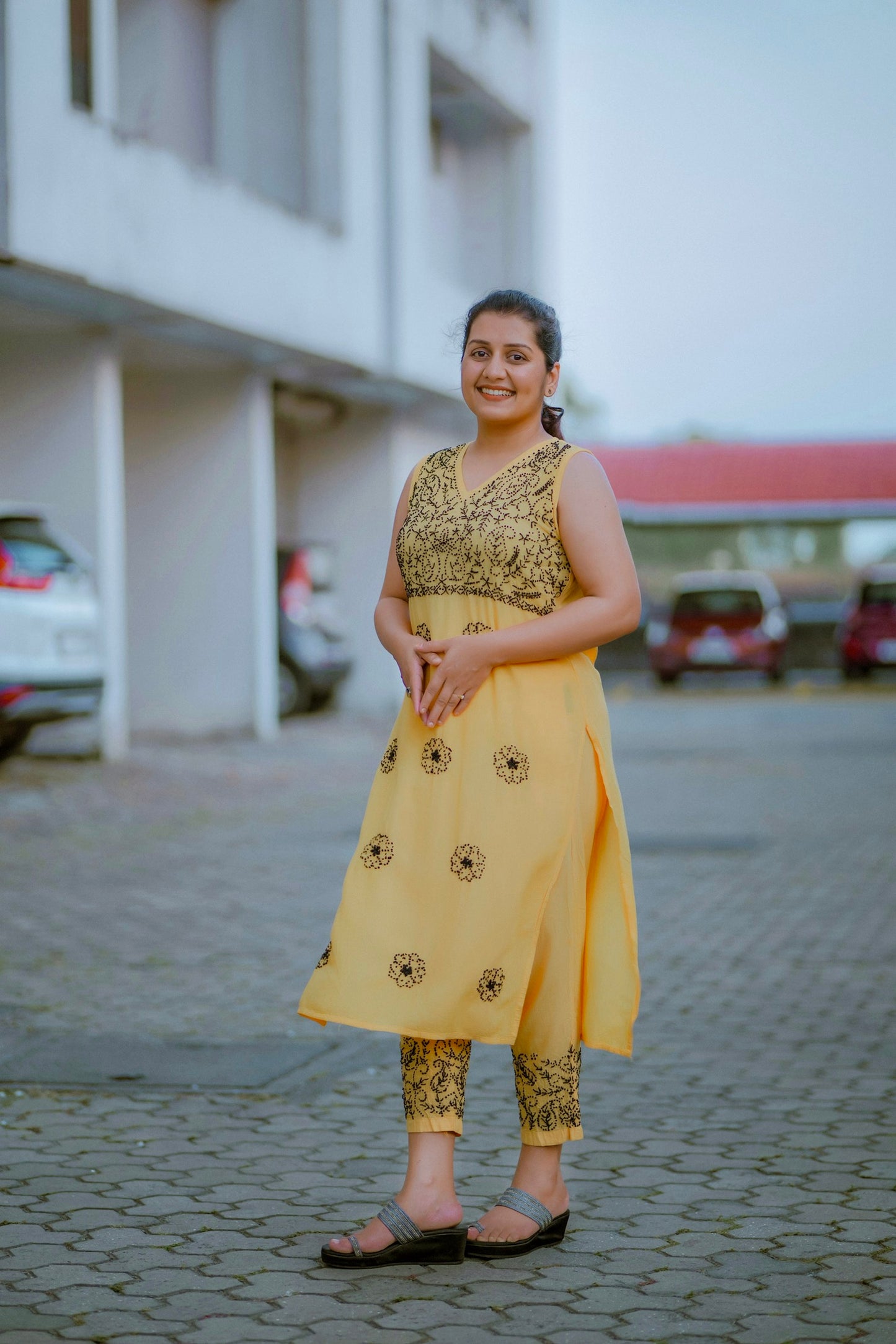 Sleeveless Straight Kurti and Pant (co-ord set) - Black knote on Mustard Yellow