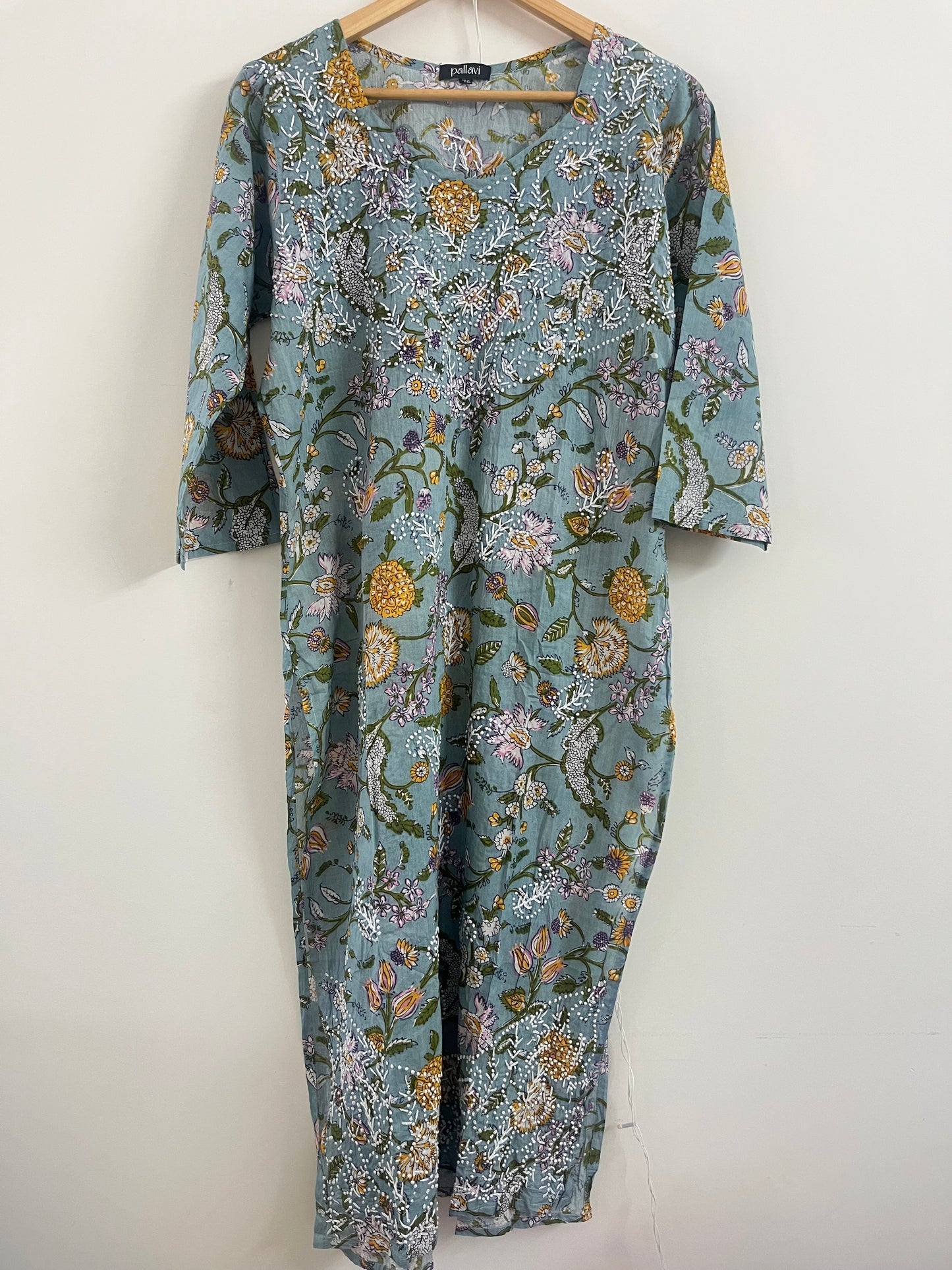 Straight Kurti and pant - Floral Grey Green