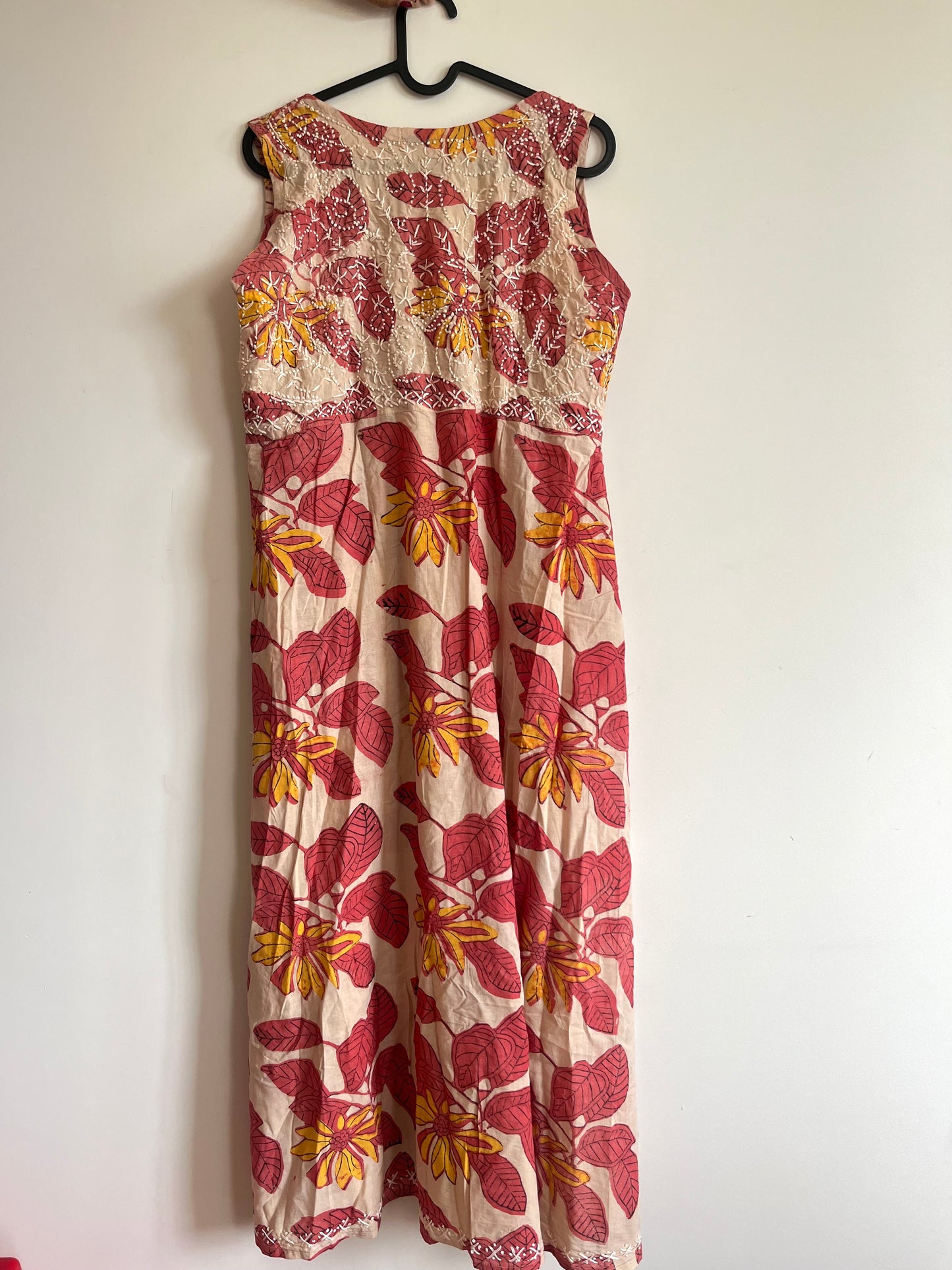 Sleeveless Aliya cut dress (with work on front and back) - Ajrakh Peach Red
