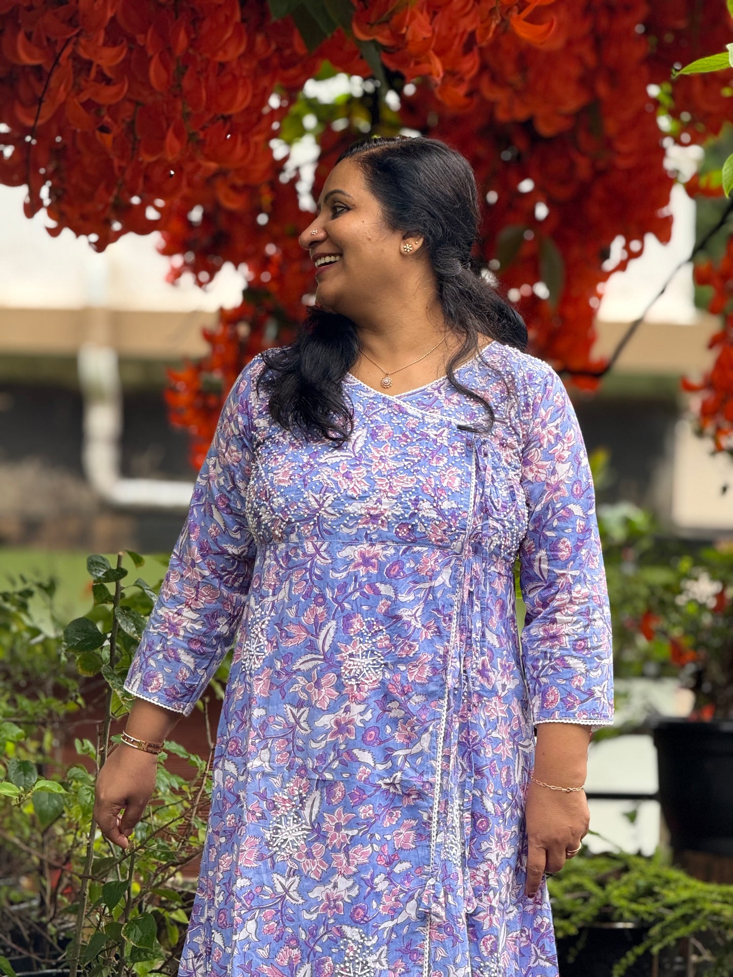 Angrakha Kurti and pant PRE-ORDER - Floral Periwinkle