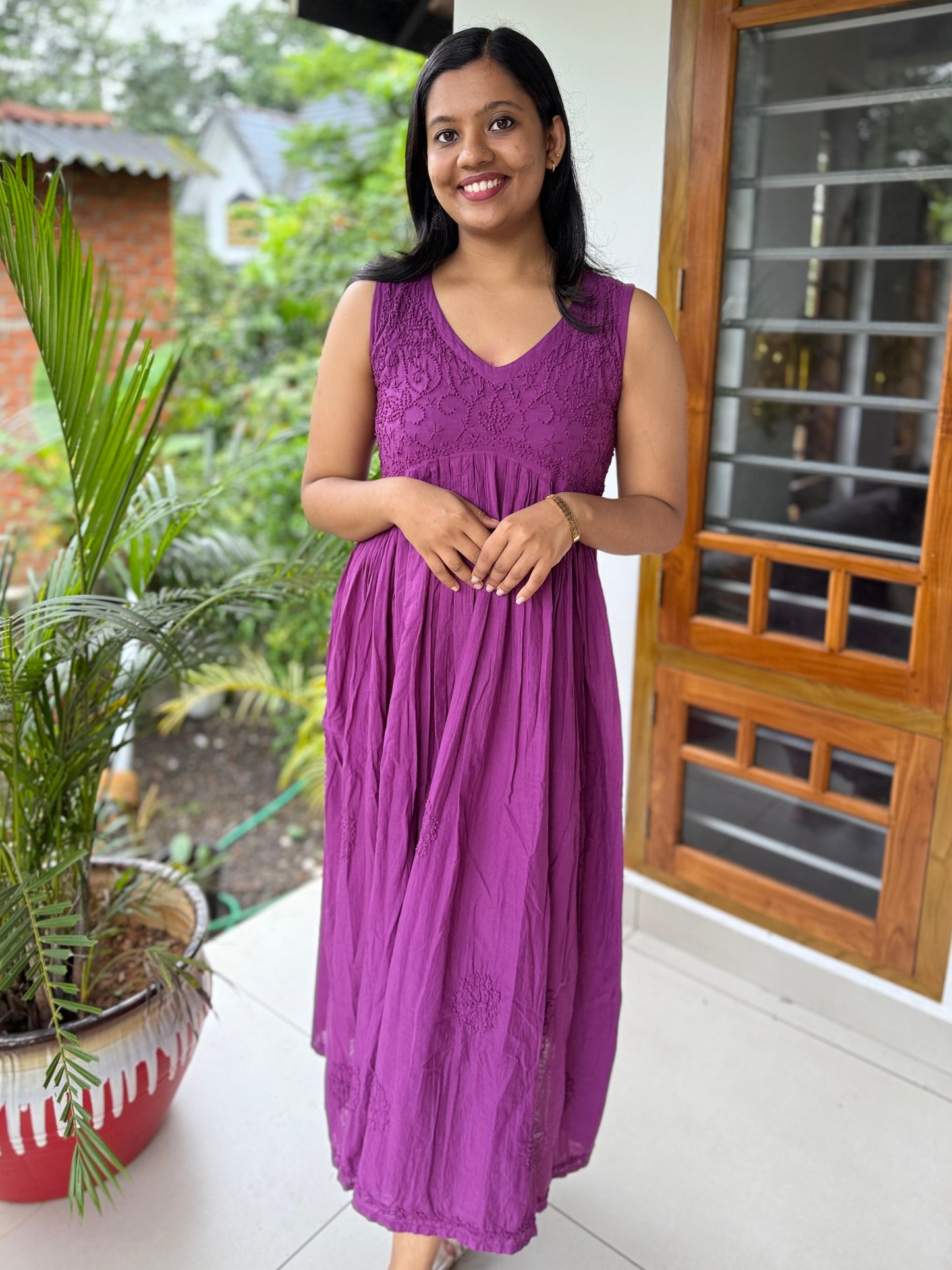 Sleeveless Aliya cut dress -Purple (with work on front and back)