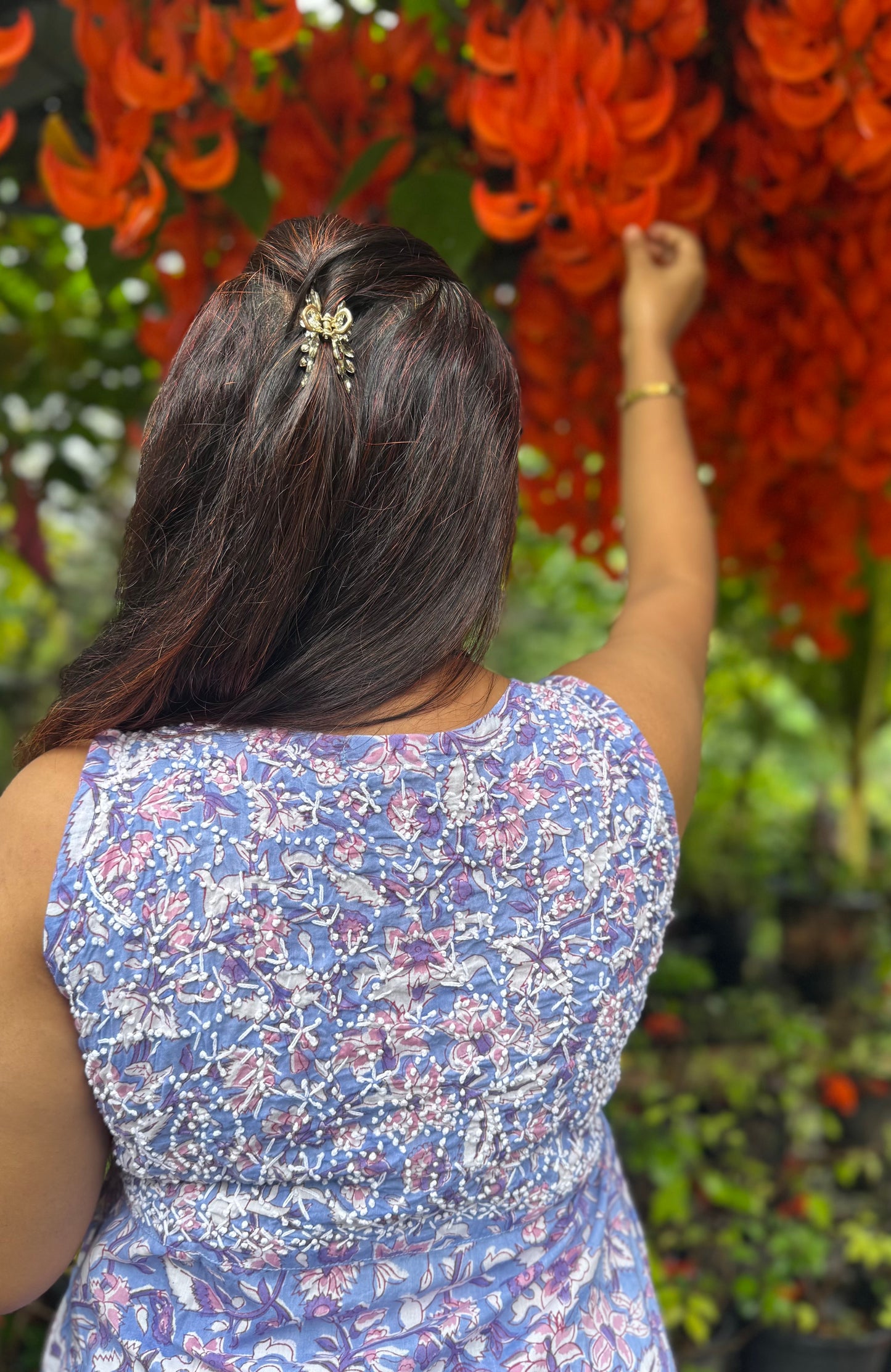 Sleeveless Aliya cut dress (with work on front and back) PRE-ORDER - Floral Periwinkle