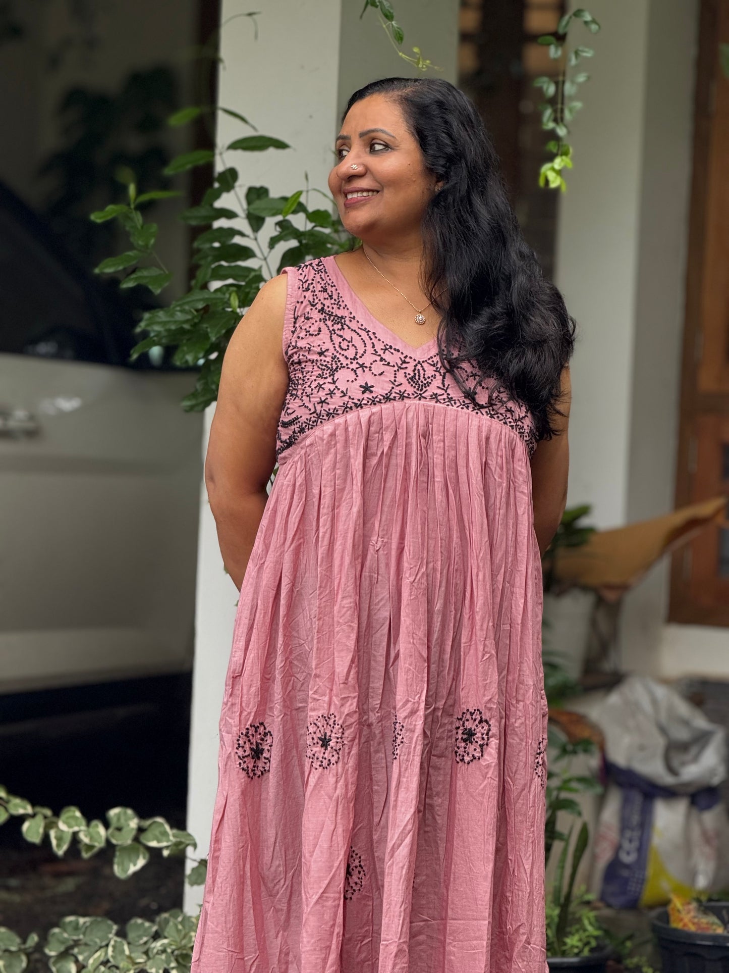 Sleeveless Aliya cut dress -Black knots on Onion Pink (with work on front and back)