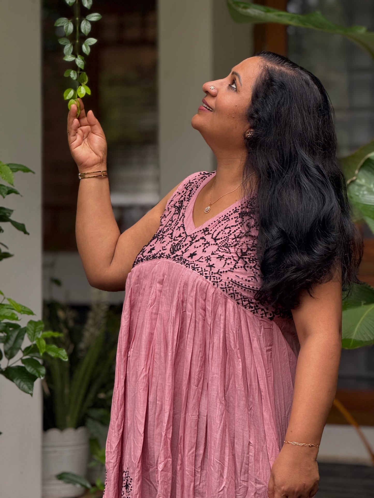 Sleeveless Aliya cut dress -Black knots on Onion Pink (with work on front and back)