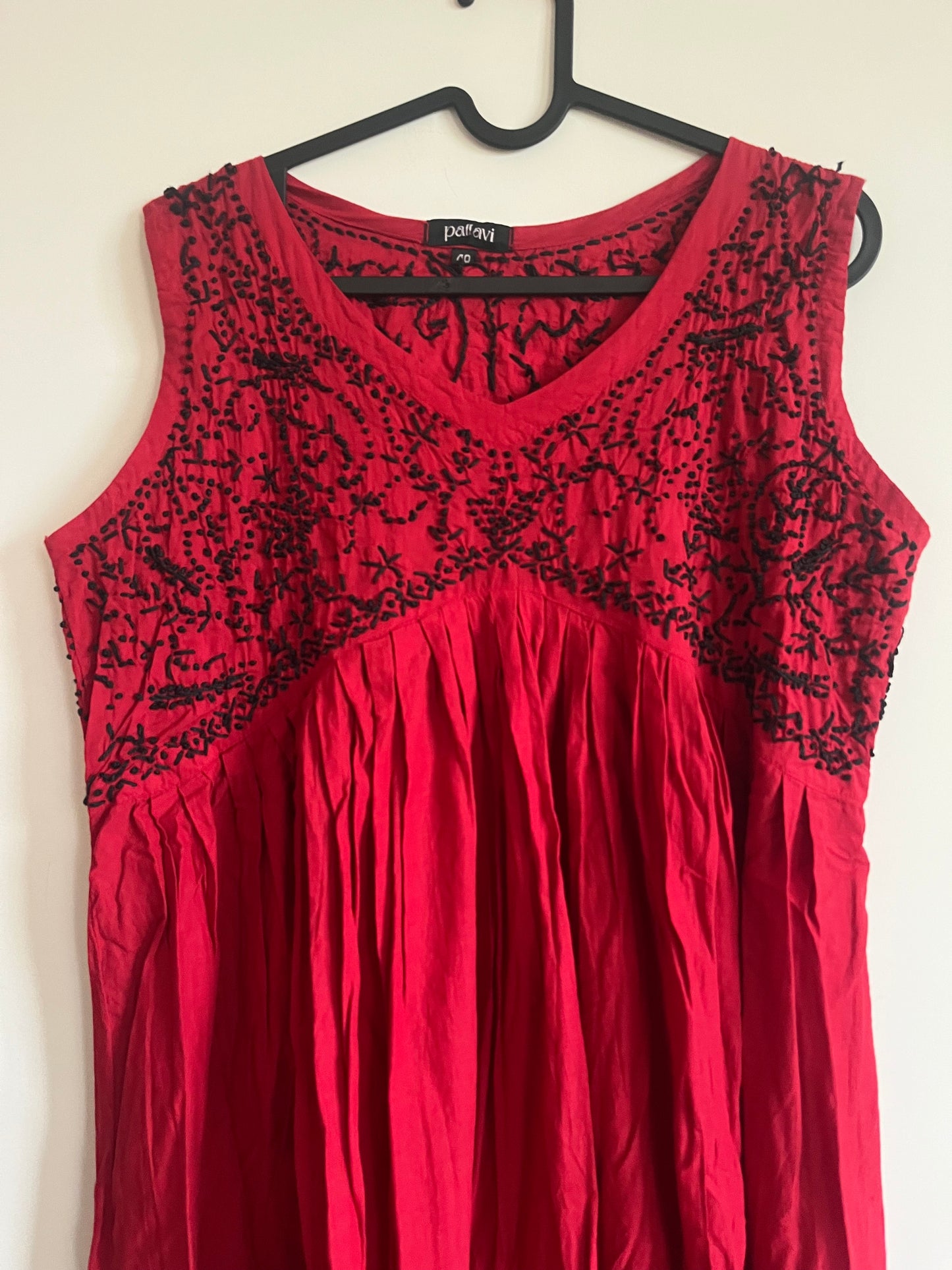 Sleeveless Aliya cut dress -Black knots on Red (with work on front and back)