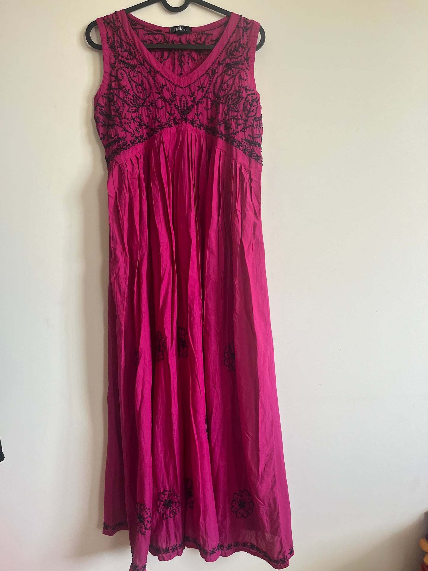 Sleeveless Aliya cut dress -Black knots on Hot Pink (with work on front and back)