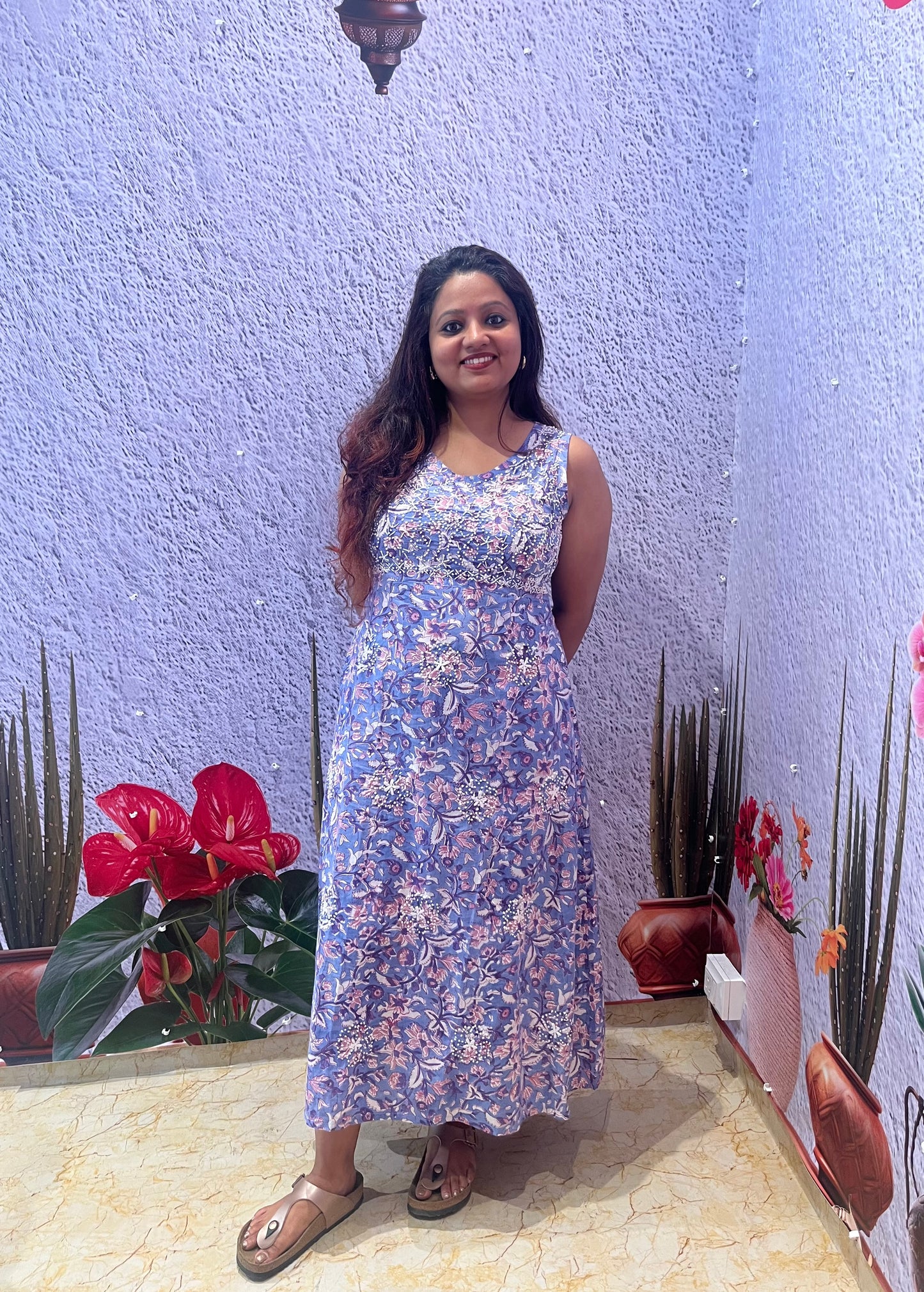 Sleeveless A-line Dress - Floral Periwinkle