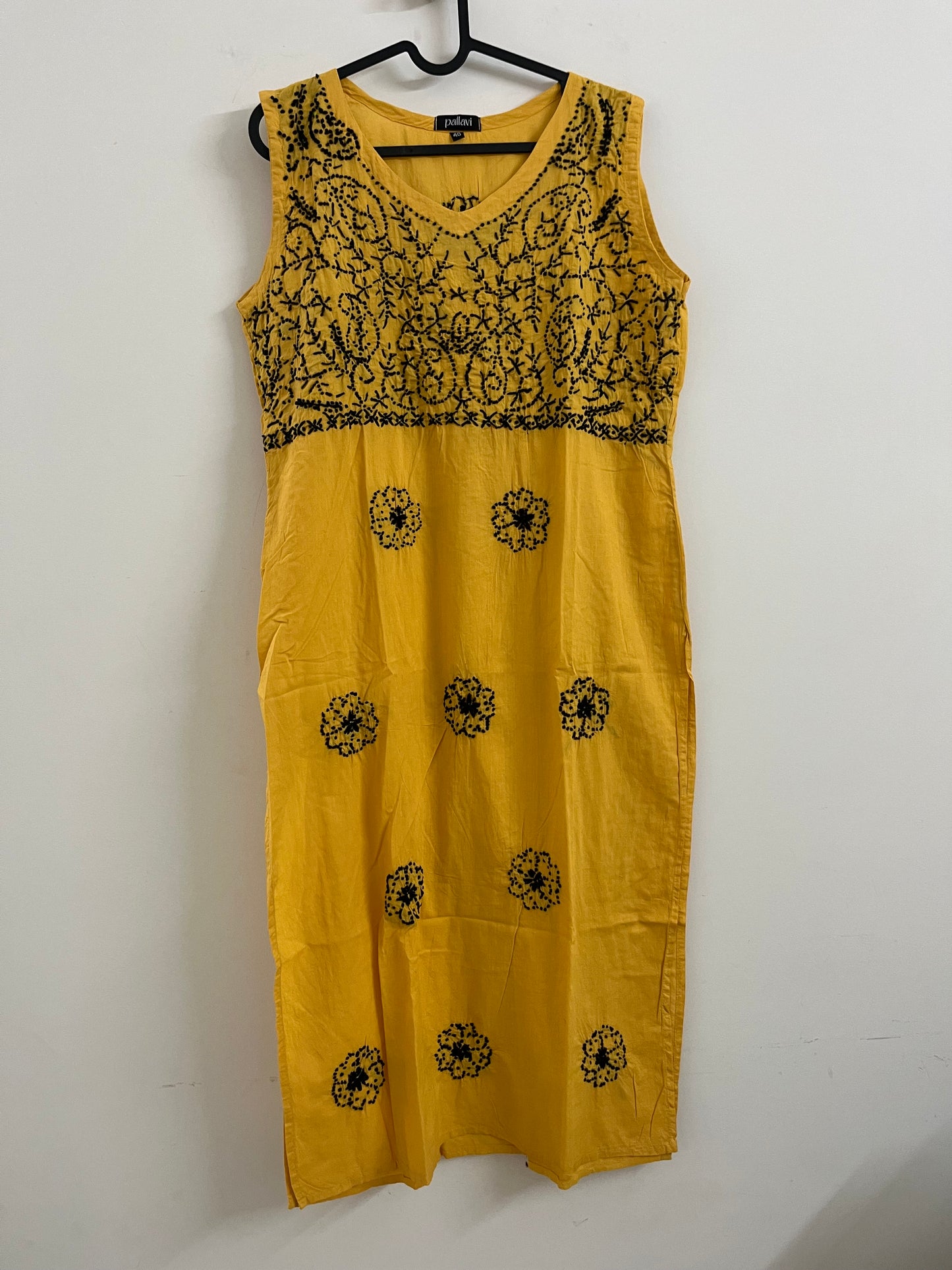 Sleeveless Straight Kurti and Pant (co-ord set) - Black knote on Mustard Yellow