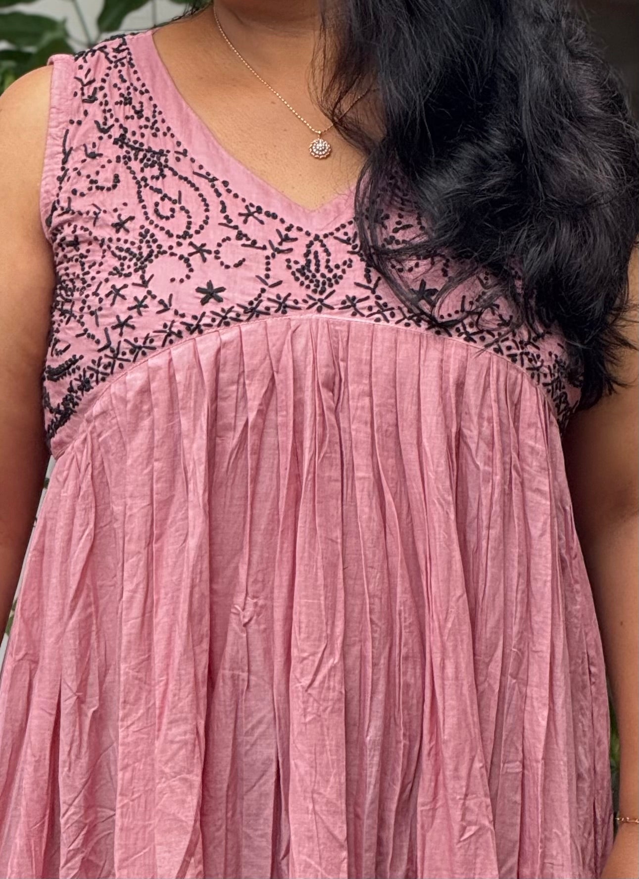 Sleeveless Aliya cut dress -Black knots on Onion Pink (with work on front and back)