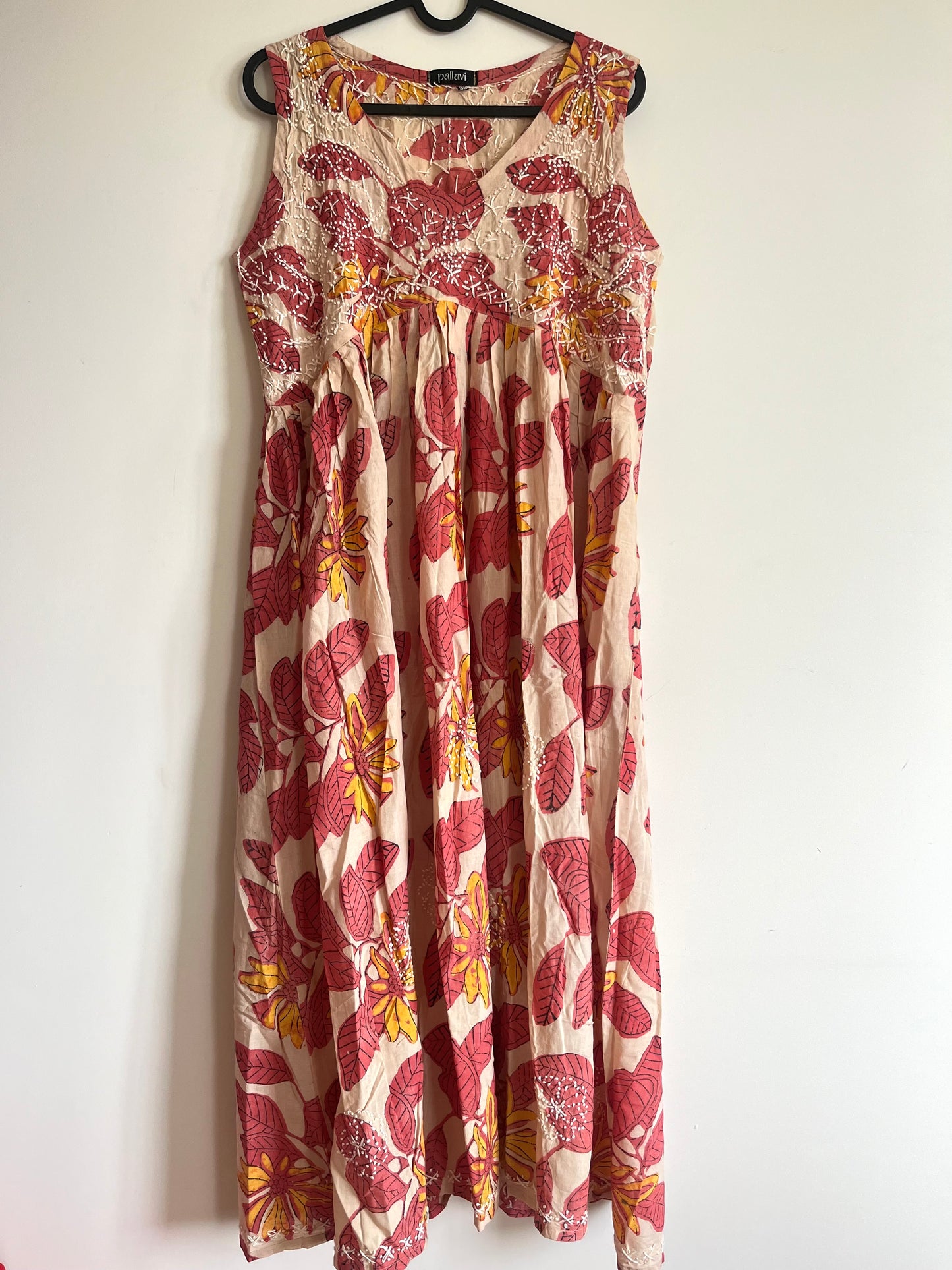 Sleeveless Aliya cut dress (with work on front and back) - Ajrakh Peach Red