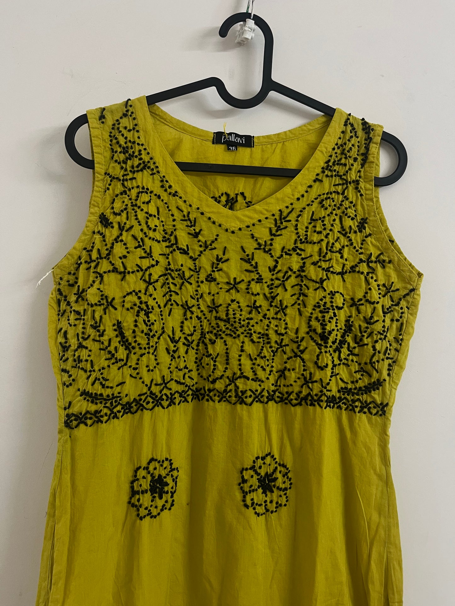 Sleeveless Straight Kurti PRE-ORDER - Black knots on Lime Yellow