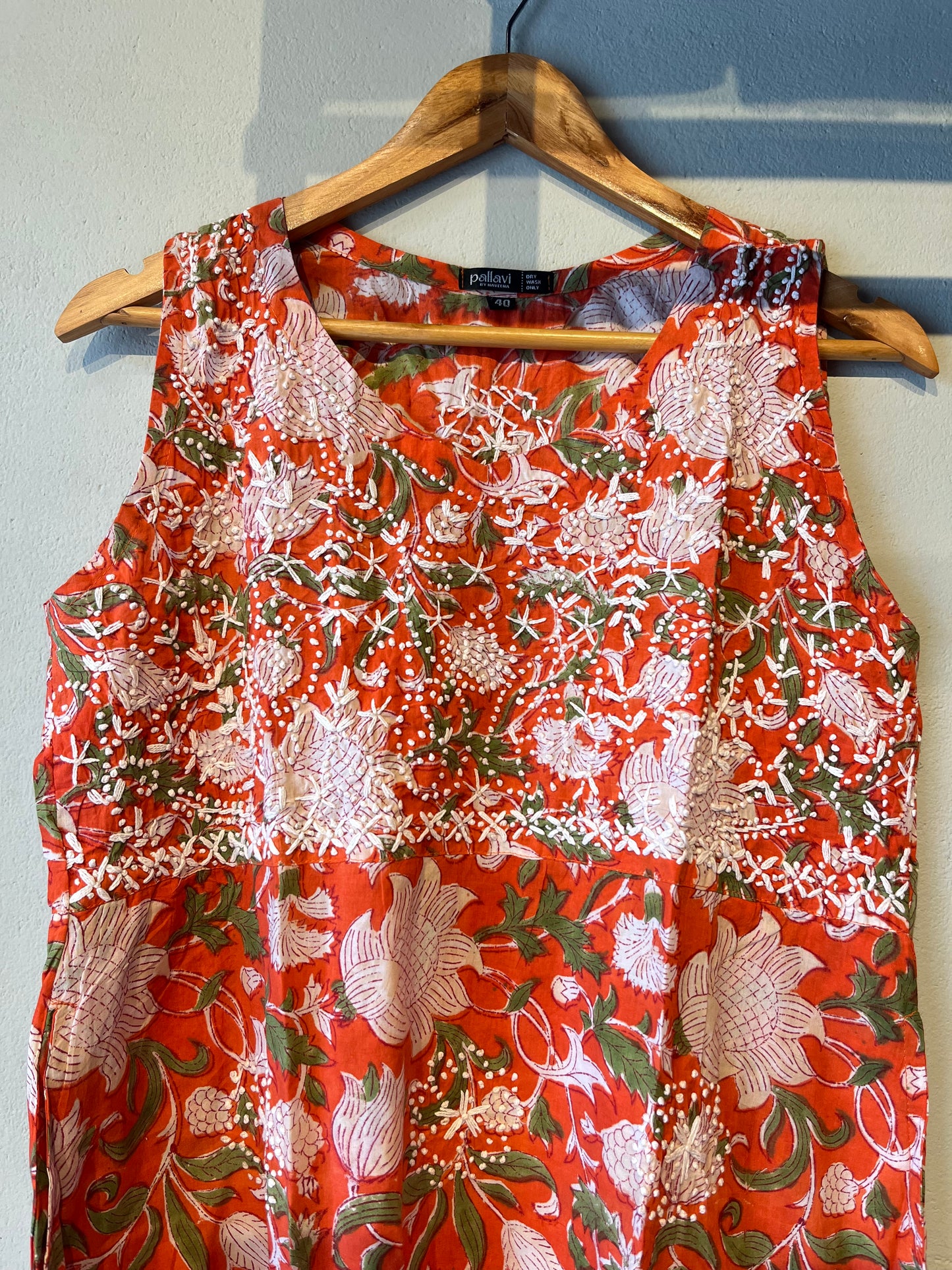 Sleeveless A-line Dress - Floral Orange